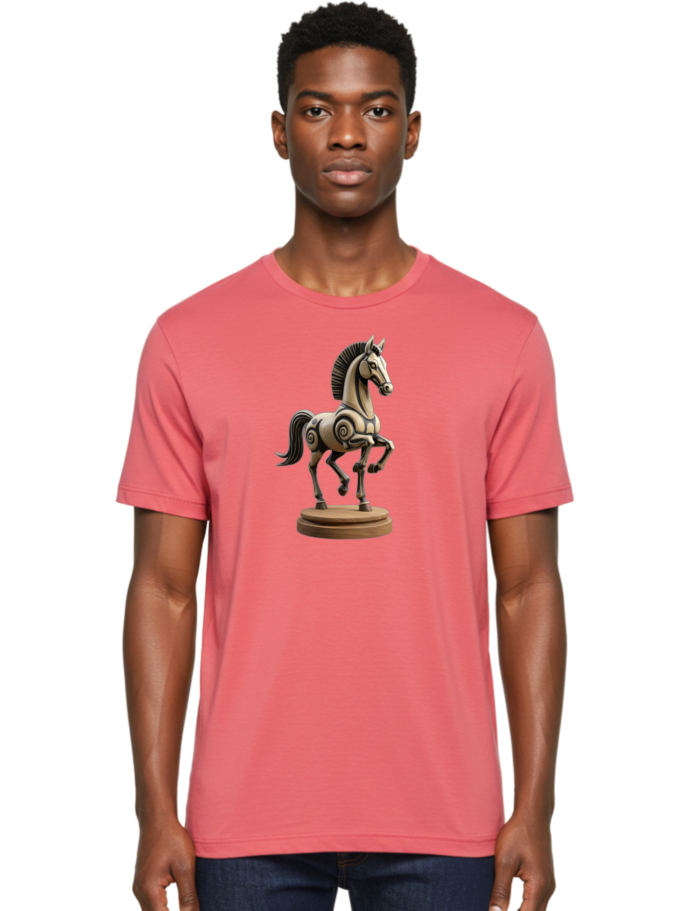 Wooden-Horse-Statue Men'S Graphic Tee, 100% Cotton, Comfortable Casual Summer Wear, Machine Washable, Mechanical Horse, Wooden Horse, Figurine, Horse Sculpture, Decorative Art, Spiral Patterns, Wooden Craftsmanship, Horse Figurine, Bab595