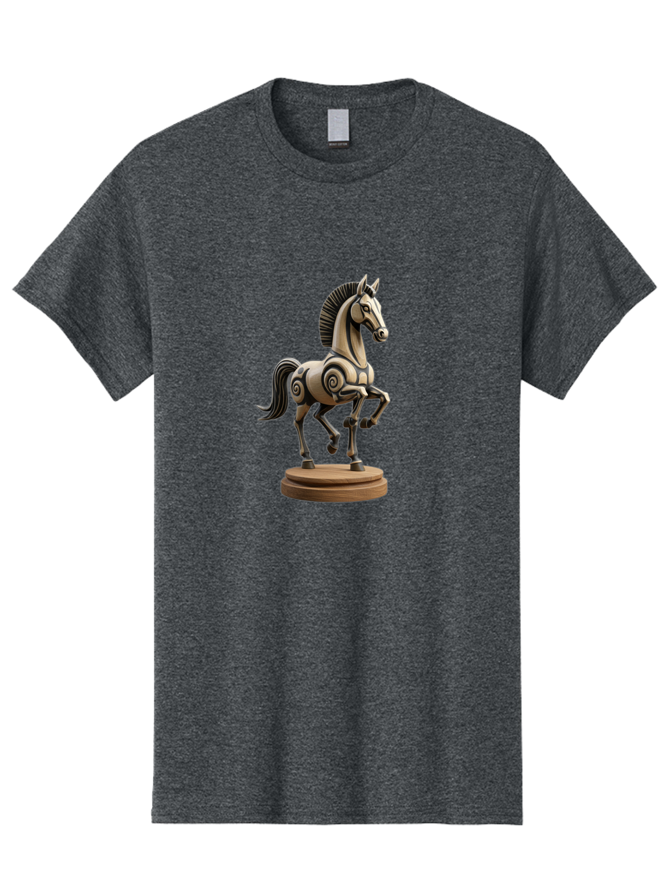 Wooden-Horse-Statue Men'S Graphic Tee, 100% Cotton, Comfortable Casual Summer Wear, Machine Washable, Mechanical Horse, Wooden Horse, Figurine, Horse Sculpture, Decorative Art, Spiral Patterns, Wooden Craftsmanship, Horse Figurine, Bab595