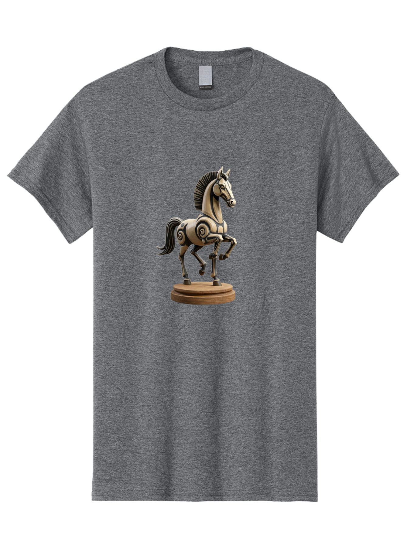 Wooden-Horse-Statue Men'S Graphic Tee, 100% Cotton, Comfortable Casual Summer Wear, Machine Washable, Mechanical Horse, Wooden Horse, Figurine, Horse Sculpture, Decorative Art, Spiral Patterns, Wooden Craftsmanship, Horse Figurine, Bab595