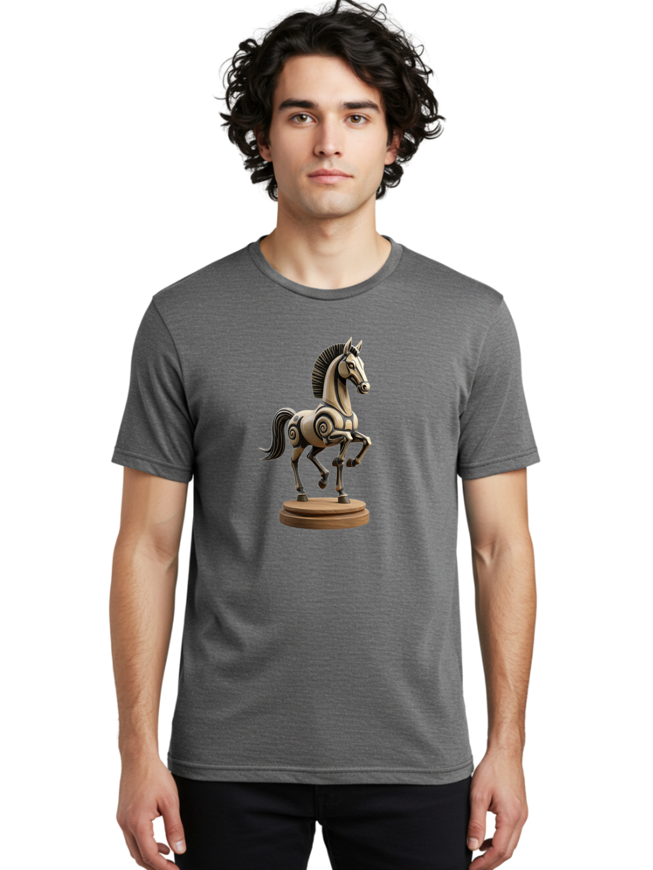 Wooden-Horse-Statue Men'S Graphic Tee, 100% Cotton, Comfortable Casual Summer Wear, Machine Washable, Mechanical Horse, Wooden Horse, Figurine, Horse Sculpture, Decorative Art, Spiral Patterns, Wooden Craftsmanship, Horse Figurine, Bab595