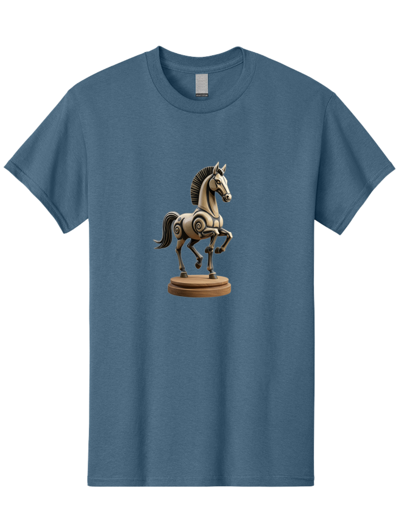 Wooden-Horse-Statue Men'S Graphic Tee, 100% Cotton, Comfortable Casual Summer Wear, Machine Washable, Mechanical Horse, Wooden Horse, Figurine, Horse Sculpture, Decorative Art, Spiral Patterns, Wooden Craftsmanship, Horse Figurine, Bab595