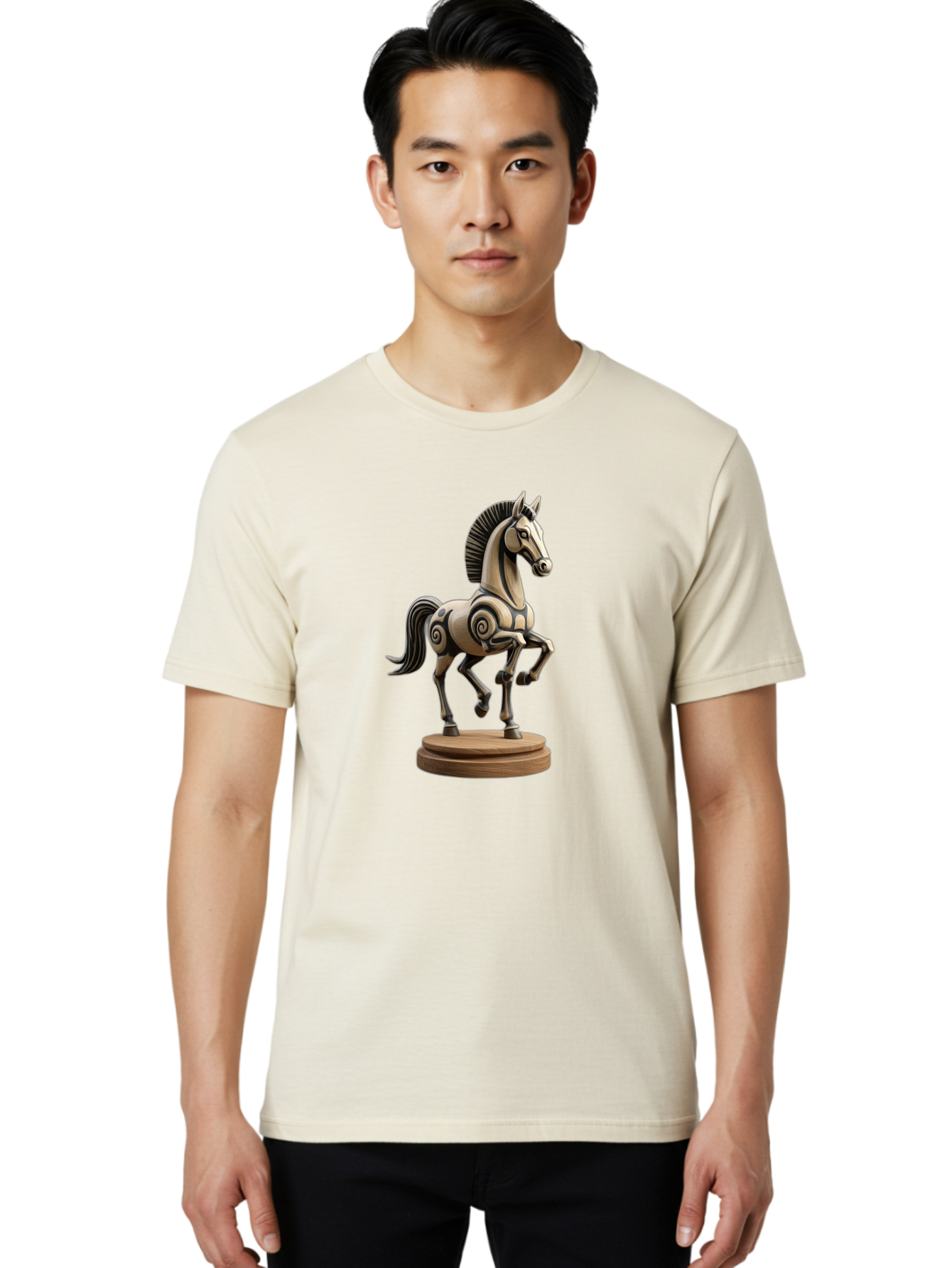 Wooden-Horse-Statue Men'S Graphic Tee, 100% Cotton, Comfortable Casual Summer Wear, Machine Washable, Mechanical Horse, Wooden Horse, Figurine, Horse Sculpture, Decorative Art, Spiral Patterns, Wooden Craftsmanship, Horse Figurine, Bab595