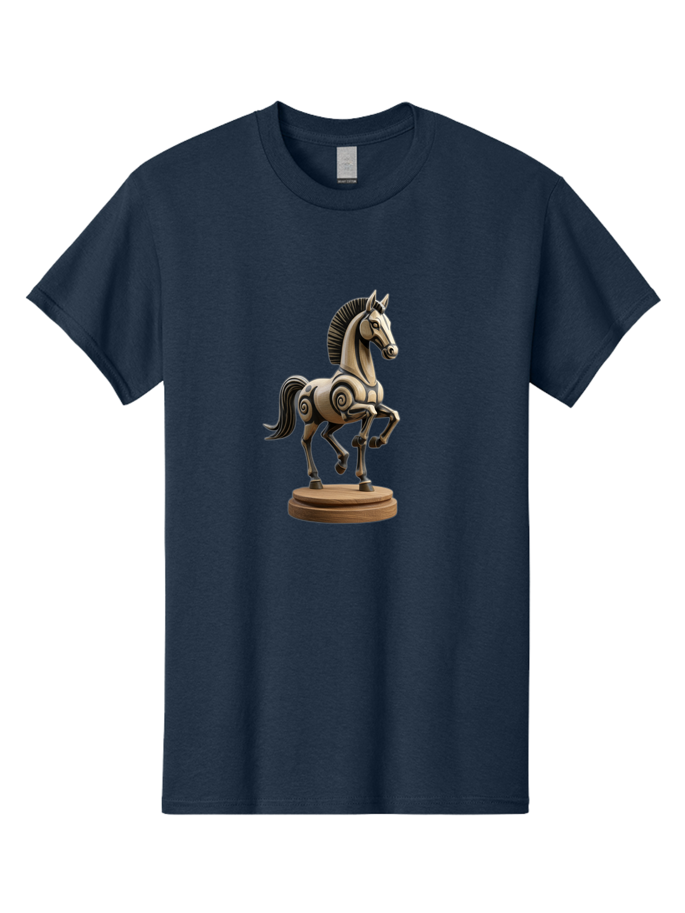 Wooden-Horse-Statue Men'S Graphic Tee, 100% Cotton, Comfortable Casual Summer Wear, Machine Washable, Mechanical Horse, Wooden Horse, Figurine, Horse Sculpture, Decorative Art, Spiral Patterns, Wooden Craftsmanship, Horse Figurine, Bab595