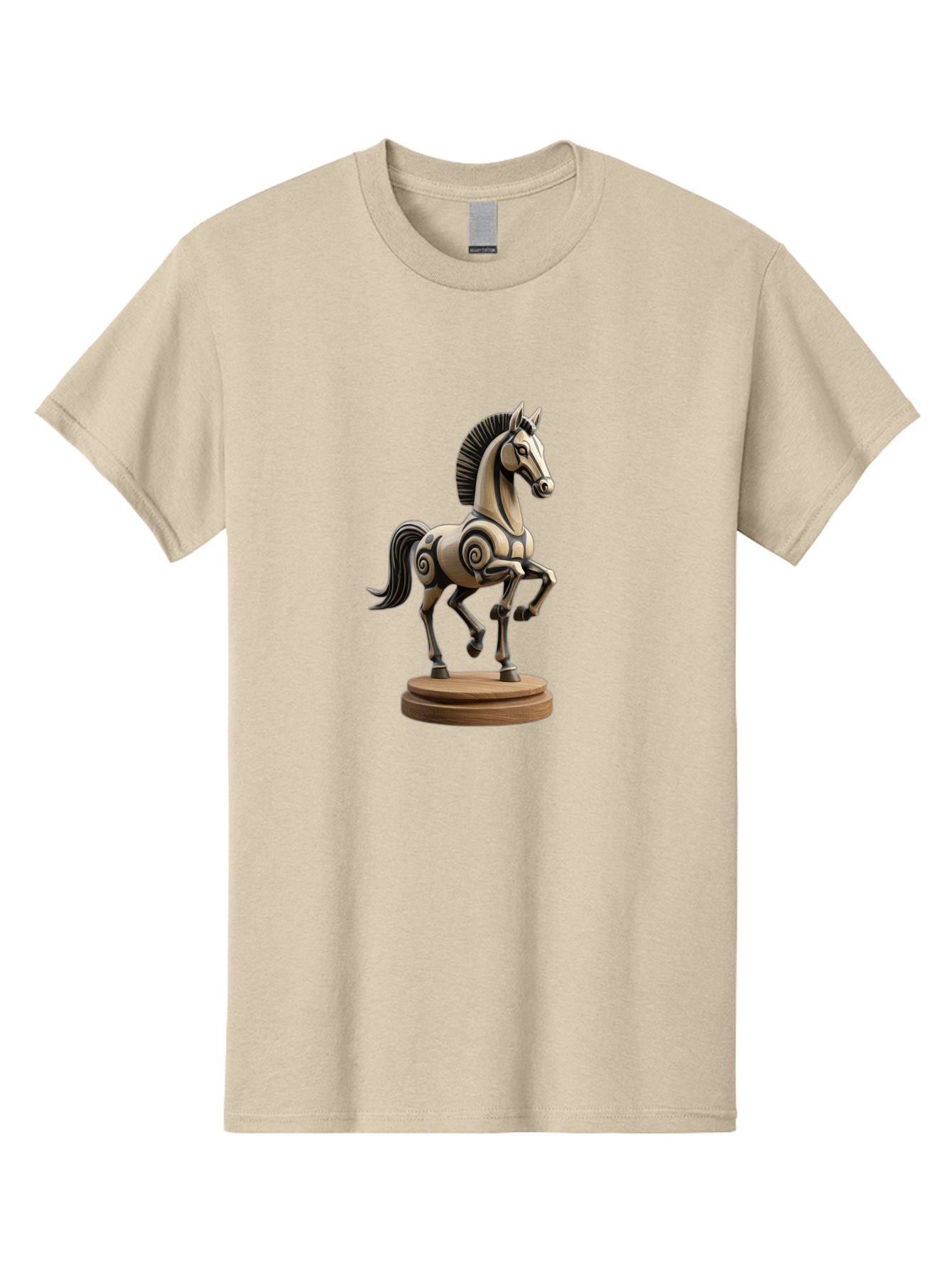 Wooden-Horse-Statue Men'S Graphic Tee, 100% Cotton, Comfortable Casual Summer Wear, Machine Washable, Mechanical Horse, Wooden Horse, Figurine, Horse Sculpture, Decorative Art, Spiral Patterns, Wooden Craftsmanship, Horse Figurine, Bab595
