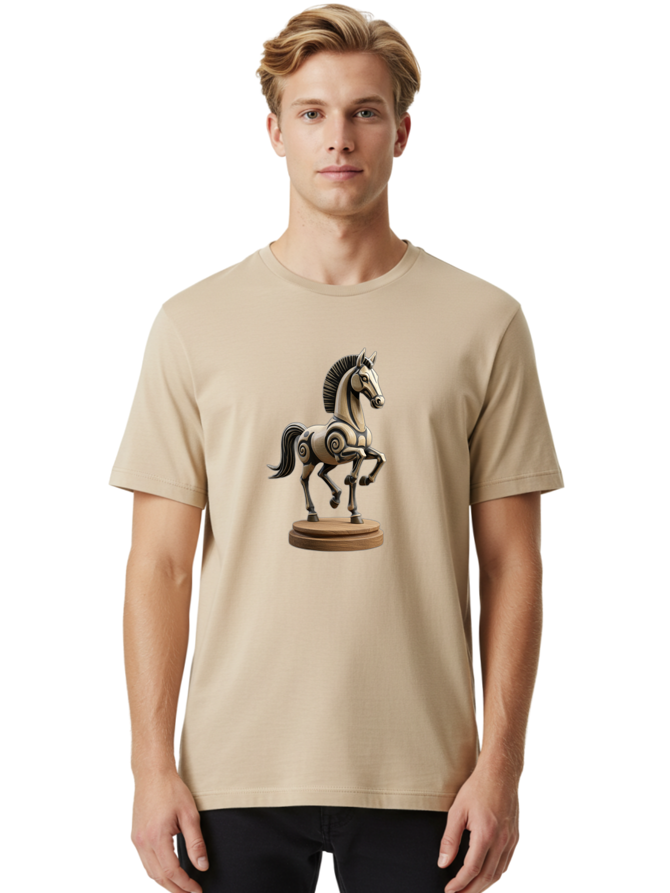 Wooden-Horse-Statue Men'S Graphic Tee, 100% Cotton, Comfortable Casual Summer Wear, Machine Washable, Mechanical Horse, Wooden Horse, Figurine, Horse Sculpture, Decorative Art, Spiral Patterns, Wooden Craftsmanship, Horse Figurine, Bab595