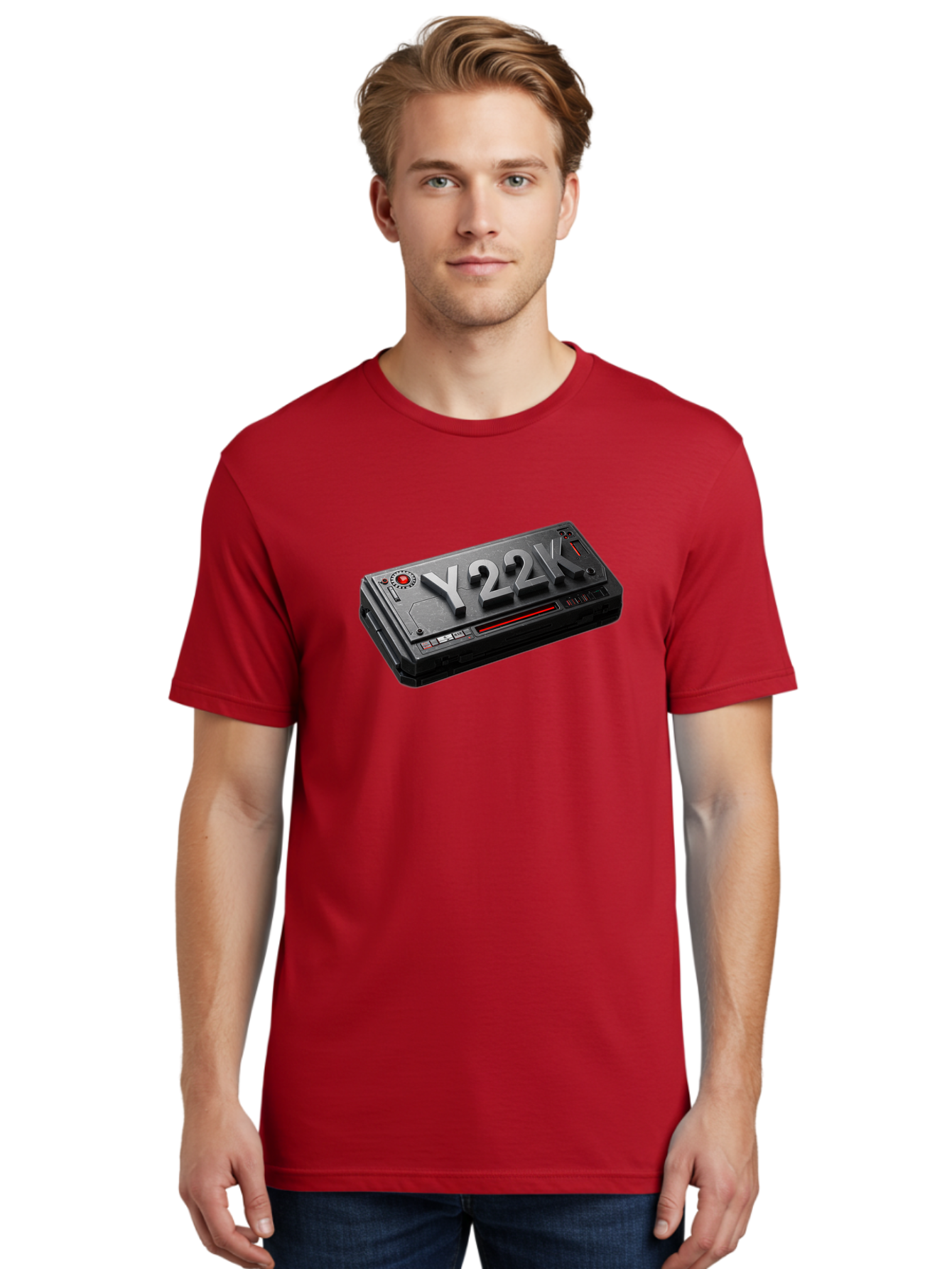 Y22K Men'S Graphic Tee, 100% Cotton, Comfortable Casual Summer Wear, Machine Washable, Futuristic Device, Y22K, Technology, Cyberpunk, Sleek Design, Metallic Surface, Red Accents, Futuristic Tech, Innovative Gadget, High-Tech Equipment, Bab598