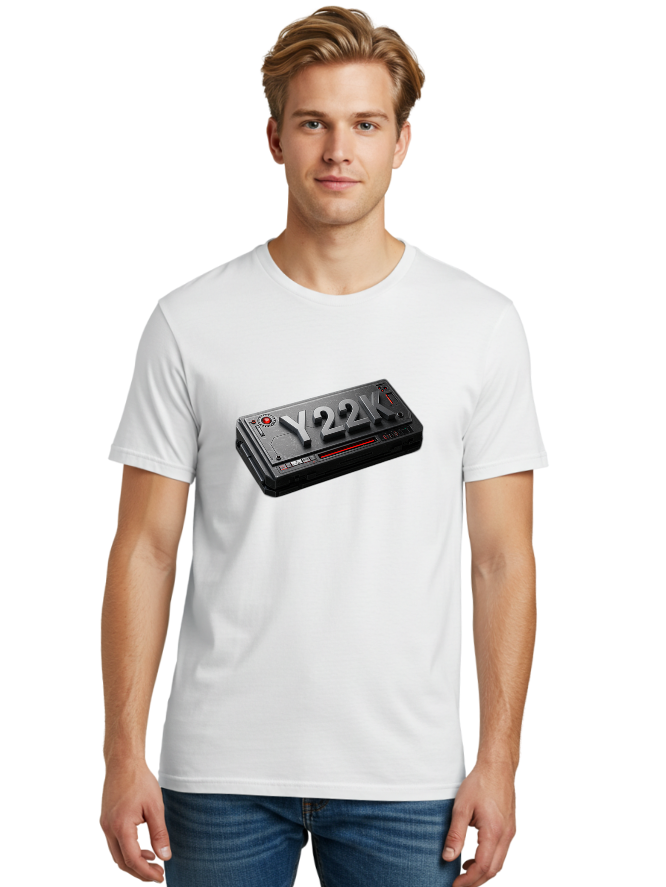 Y22K Men'S Graphic Tee, 100% Cotton, Comfortable Casual Summer Wear, Machine Washable, Futuristic Device, Y22K, Technology, Cyberpunk, Sleek Design, Metallic Surface, Red Accents, Futuristic Tech, Innovative Gadget, High-Tech Equipment, Bab598