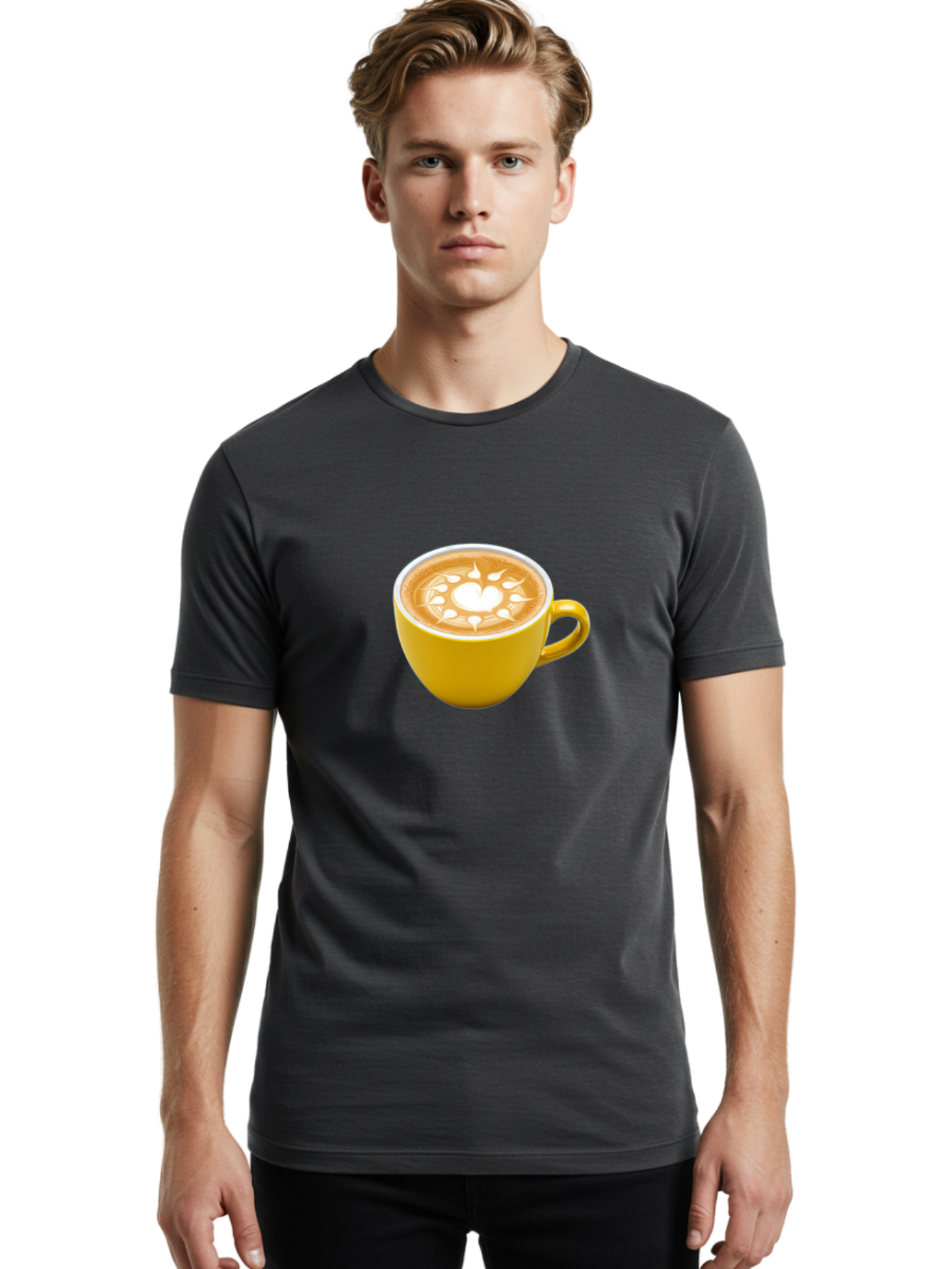 Yellow-Coffee-Cup Men'S Graphic Tee, 100% Cotton, Comfortable Casual Summer Wear, Machine Washable, Cappuccino Coffee, Latte Art, Yellow Mug, Coffee Drink, Foamy Texture, Sun Design, Heart-Shaped Pattern, Morning Coffee, Coffee Culture, Bab599