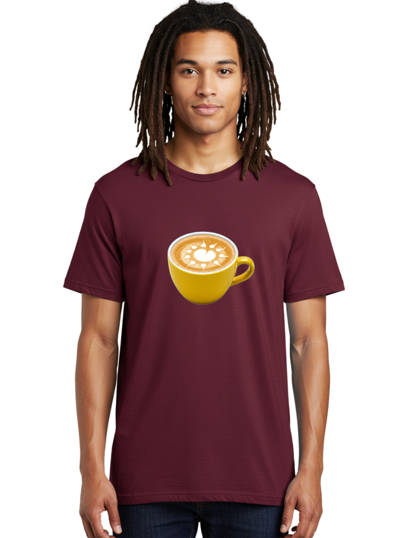 Yellow-Coffee-Cup Men'S Graphic Tee, 100% Cotton, Comfortable Casual Summer Wear, Machine Washable, Cappuccino Coffee, Latte Art, Yellow Mug, Coffee Drink, Foamy Texture, Sun Design, Heart-Shaped Pattern, Morning Coffee, Coffee Culture, Bab599