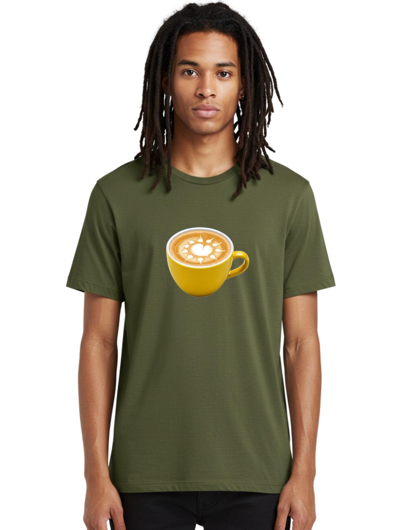 Yellow-Coffee-Cup Men'S Graphic Tee, 100% Cotton, Comfortable Casual Summer Wear, Machine Washable, Cappuccino Coffee, Latte Art, Yellow Mug, Coffee Drink, Foamy Texture, Sun Design, Heart-Shaped Pattern, Morning Coffee, Coffee Culture, Bab599