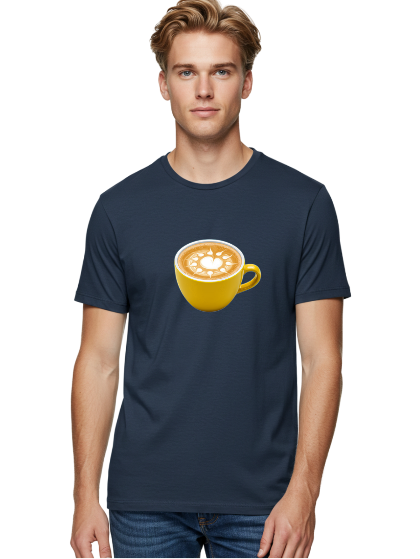 Yellow-Coffee-Cup Men'S Graphic Tee, 100% Cotton, Comfortable Casual Summer Wear, Machine Washable, Cappuccino Coffee, Latte Art, Yellow Mug, Coffee Drink, Foamy Texture, Sun Design, Heart-Shaped Pattern, Morning Coffee, Coffee Culture, Bab599