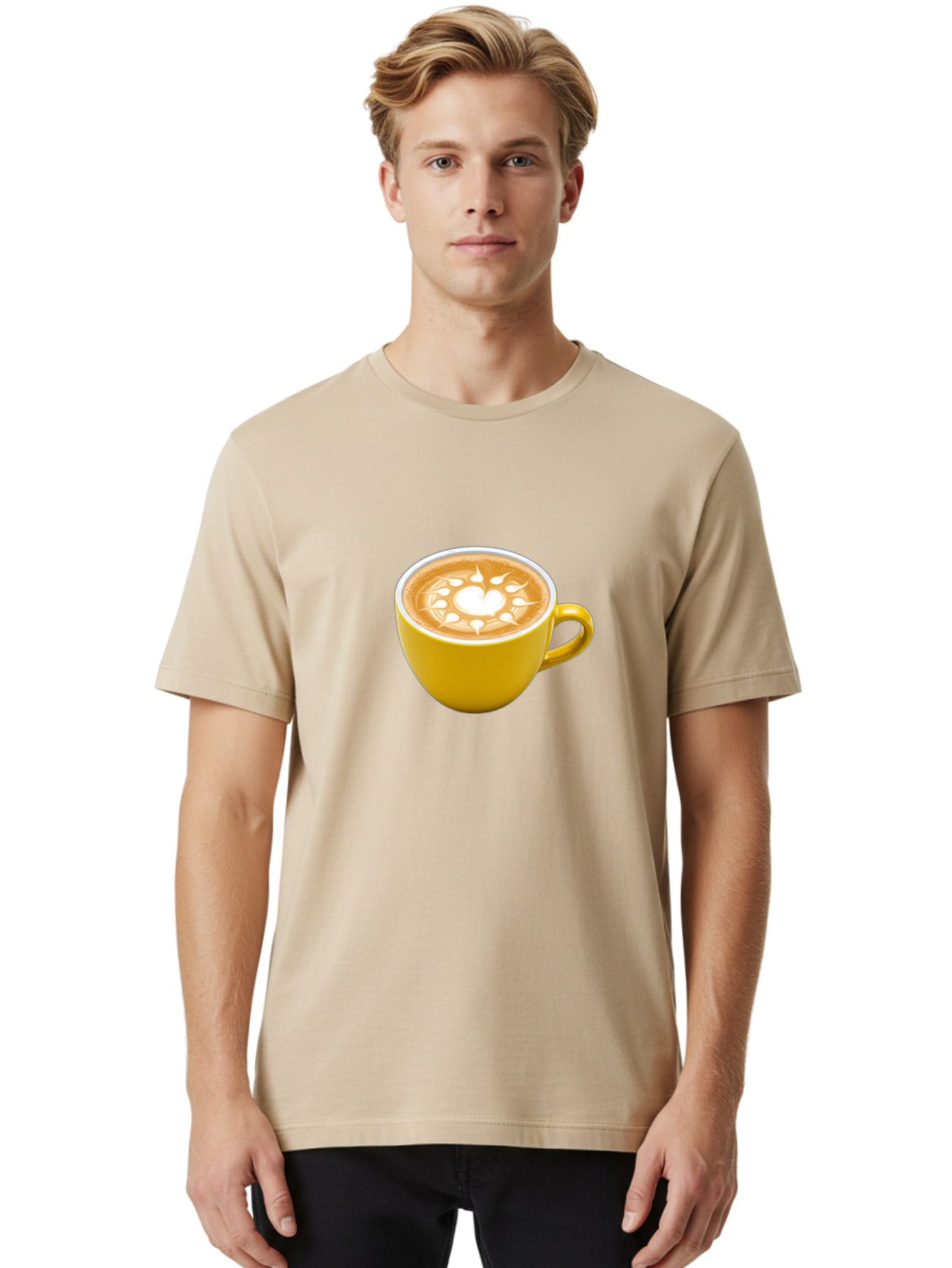 Yellow-Coffee-Cup Men'S Graphic Tee, 100% Cotton, Comfortable Casual Summer Wear, Machine Washable, Cappuccino Coffee, Latte Art, Yellow Mug, Coffee Drink, Foamy Texture, Sun Design, Heart-Shaped Pattern, Morning Coffee, Coffee Culture, Bab599