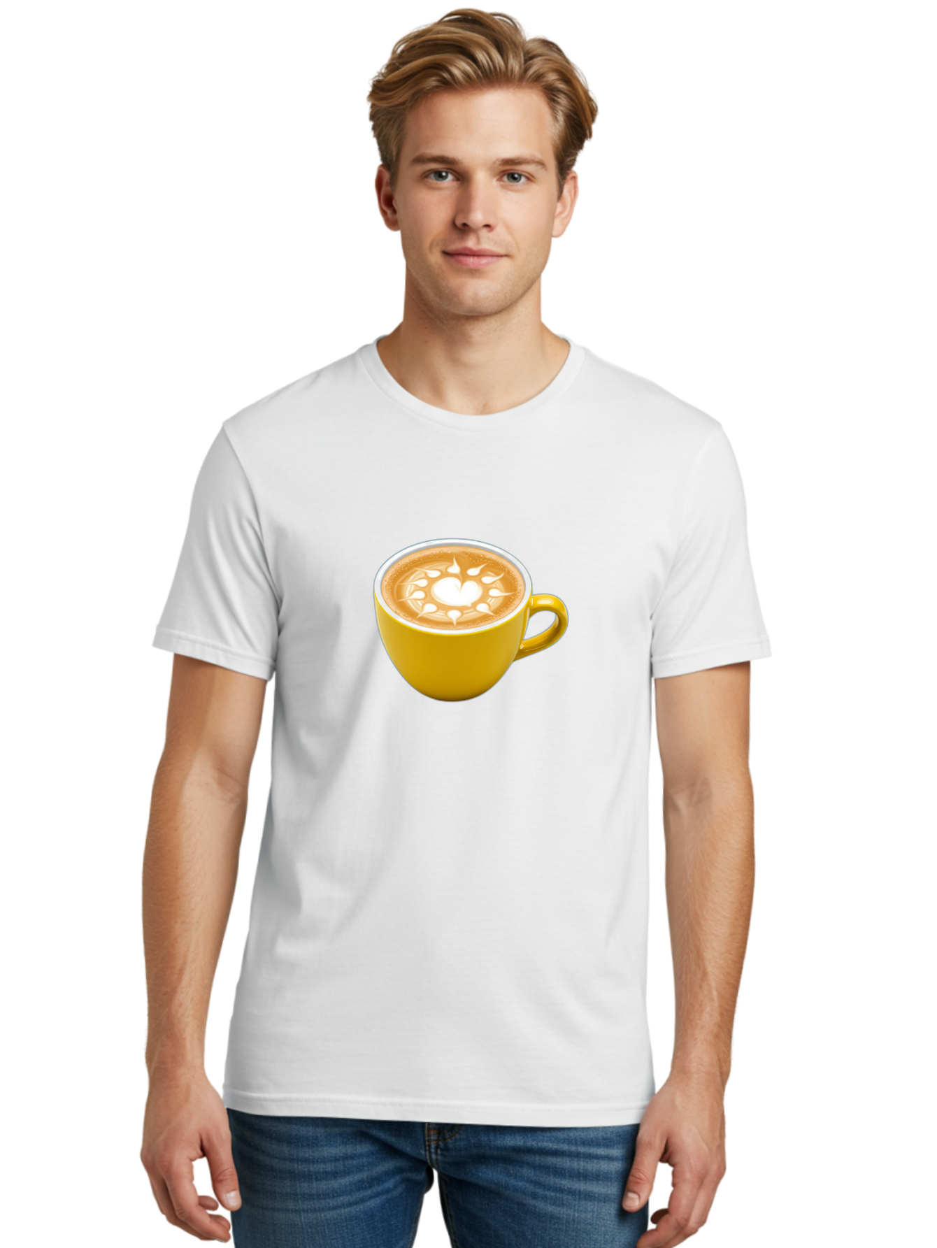 Yellow-Coffee-Cup Men'S Graphic Tee, 100% Cotton, Comfortable Casual Summer Wear, Machine Washable, Cappuccino Coffee, Latte Art, Yellow Mug, Coffee Drink, Foamy Texture, Sun Design, Heart-Shaped Pattern, Morning Coffee, Coffee Culture, Bab599