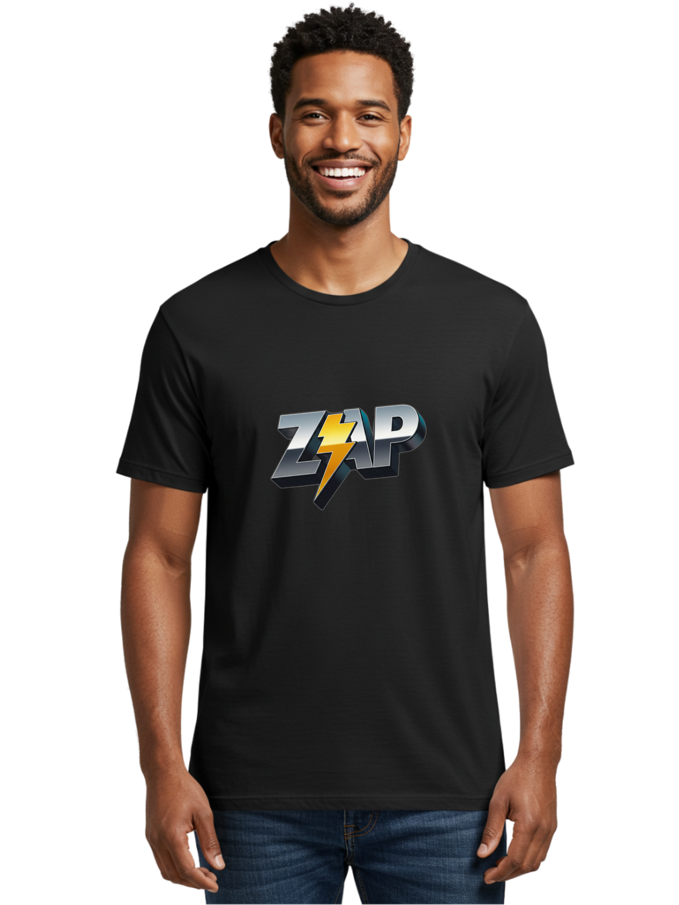 Zap Men'S Graphic Tee, 100% Cotton, Comfortable Casual Summer Wear, Machine Washable, Electrifying Logo, Bold Typography, Dynamic Design, Lightning Bolt, Modern Graphics, Energetic Vibe, Trendy Aesthetics, Silver And Gold Colors, 3D Effect, Bab600