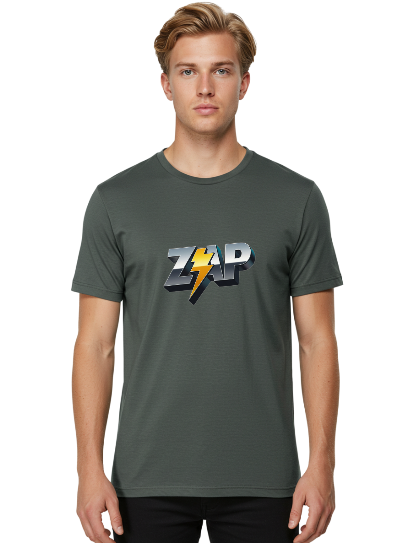 Zap Men'S Graphic Tee, 100% Cotton, Comfortable Casual Summer Wear, Machine Washable, Electrifying Logo, Bold Typography, Dynamic Design, Lightning Bolt, Modern Graphics, Energetic Vibe, Trendy Aesthetics, Silver And Gold Colors, 3D Effect, Bab600