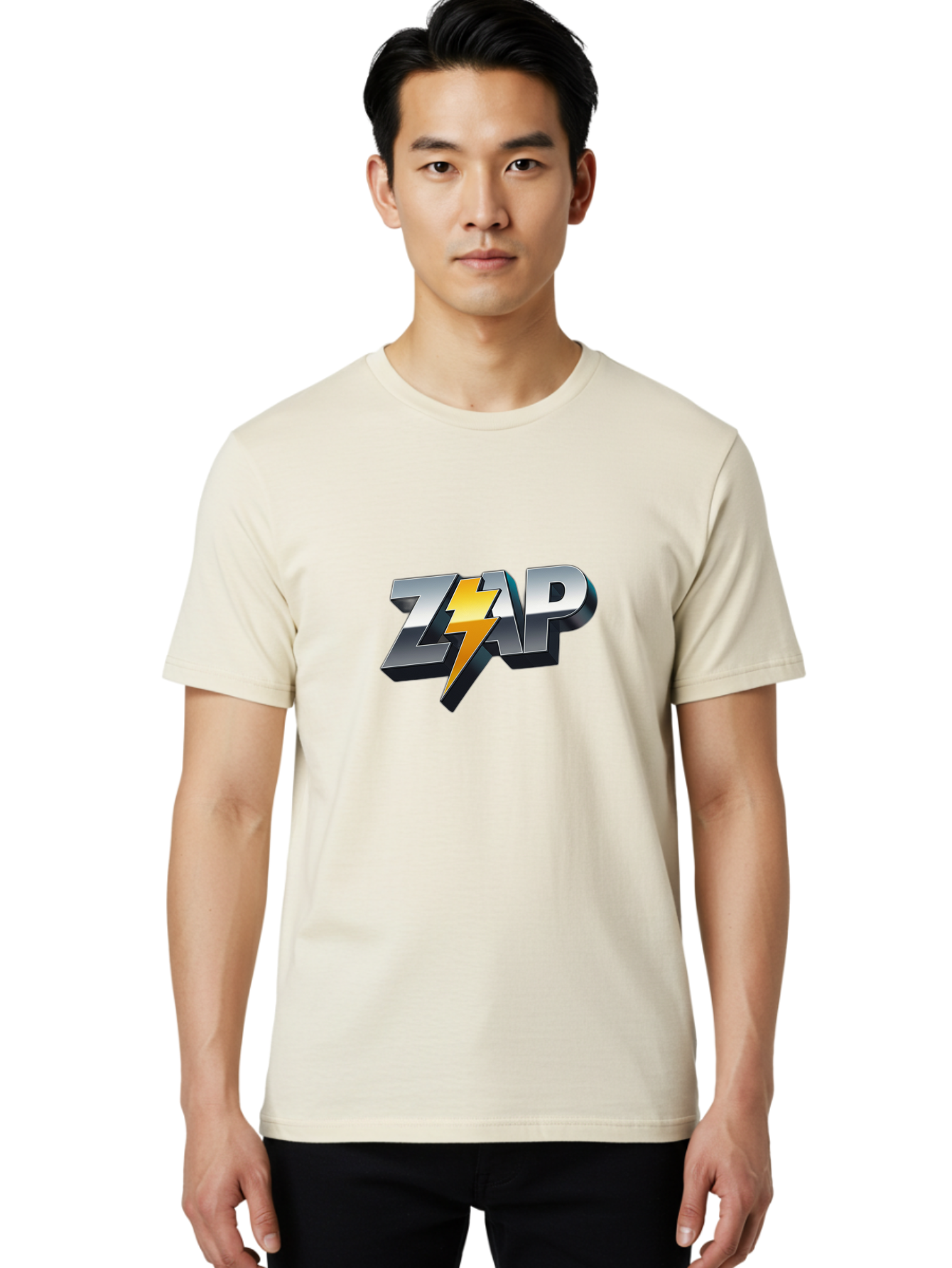 Zap Men'S Graphic Tee, 100% Cotton, Comfortable Casual Summer Wear, Machine Washable, Electrifying Logo, Bold Typography, Dynamic Design, Lightning Bolt, Modern Graphics, Energetic Vibe, Trendy Aesthetics, Silver And Gold Colors, 3D Effect, Bab600