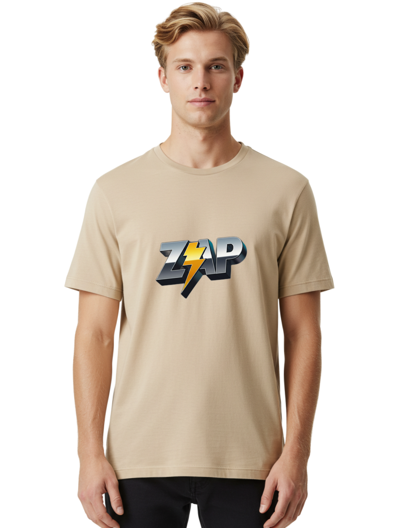 Zap Men'S Graphic Tee, 100% Cotton, Comfortable Casual Summer Wear, Machine Washable, Electrifying Logo, Bold Typography, Dynamic Design, Lightning Bolt, Modern Graphics, Energetic Vibe, Trendy Aesthetics, Silver And Gold Colors, 3D Effect, Bab600