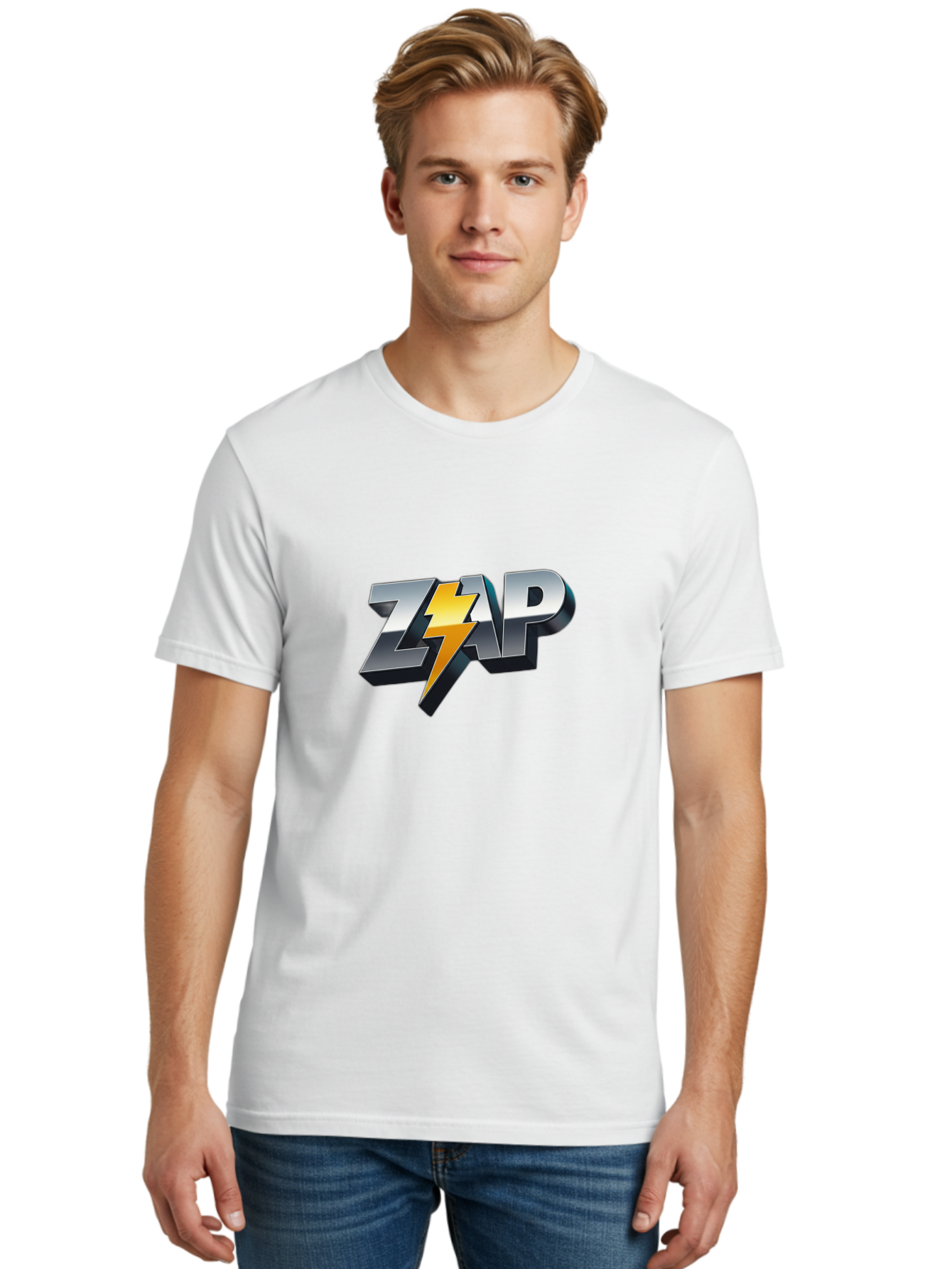 Zap Men'S Graphic Tee, 100% Cotton, Comfortable Casual Summer Wear, Machine Washable, Electrifying Logo, Bold Typography, Dynamic Design, Lightning Bolt, Modern Graphics, Energetic Vibe, Trendy Aesthetics, Silver And Gold Colors, 3D Effect, Bab600