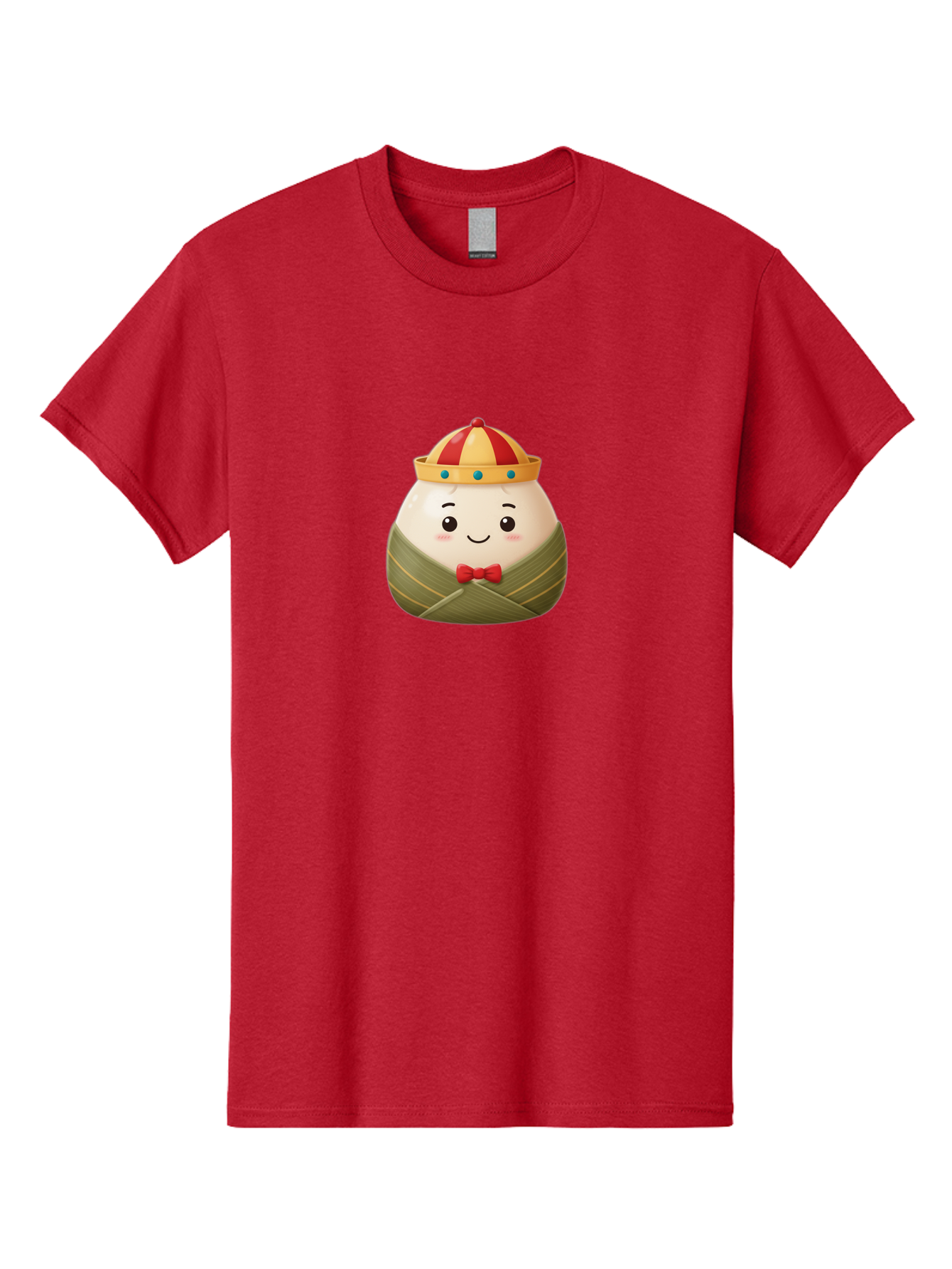 Zongzi-2 Men'S Graphic Tee, 100% Cotton, Comfortable Casual Summer Wear, Machine Washable, Bakra Wong, Cartoon Character, Dumpling, Steamed Bun, Red Bow Tie, Yellow Crown, Red And Yellow Hat, Blue Gems, Kawaii, Cute, Smiling Face, Bab603