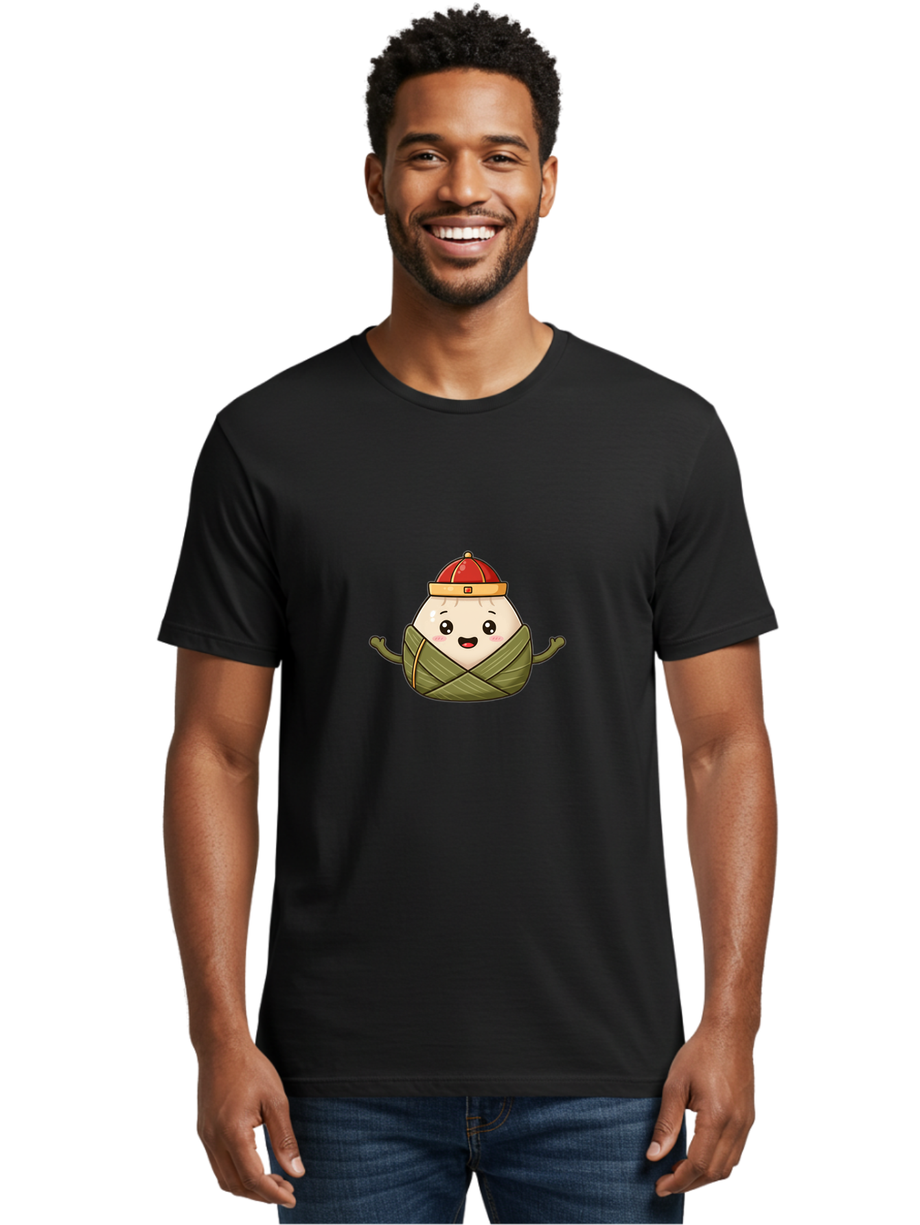 Zongzi-Cartoon-Character Men'S Graphic Tee, 100% Cotton, Comfortable Casual Summer Wear, Machine Washable, Cartoon Zongzi, Chinese Rice Dumpling, Traditional Food, Dragon Boat Festival, Happy Face, Red Hat, Green Wrapping, Cute Character, Bab606