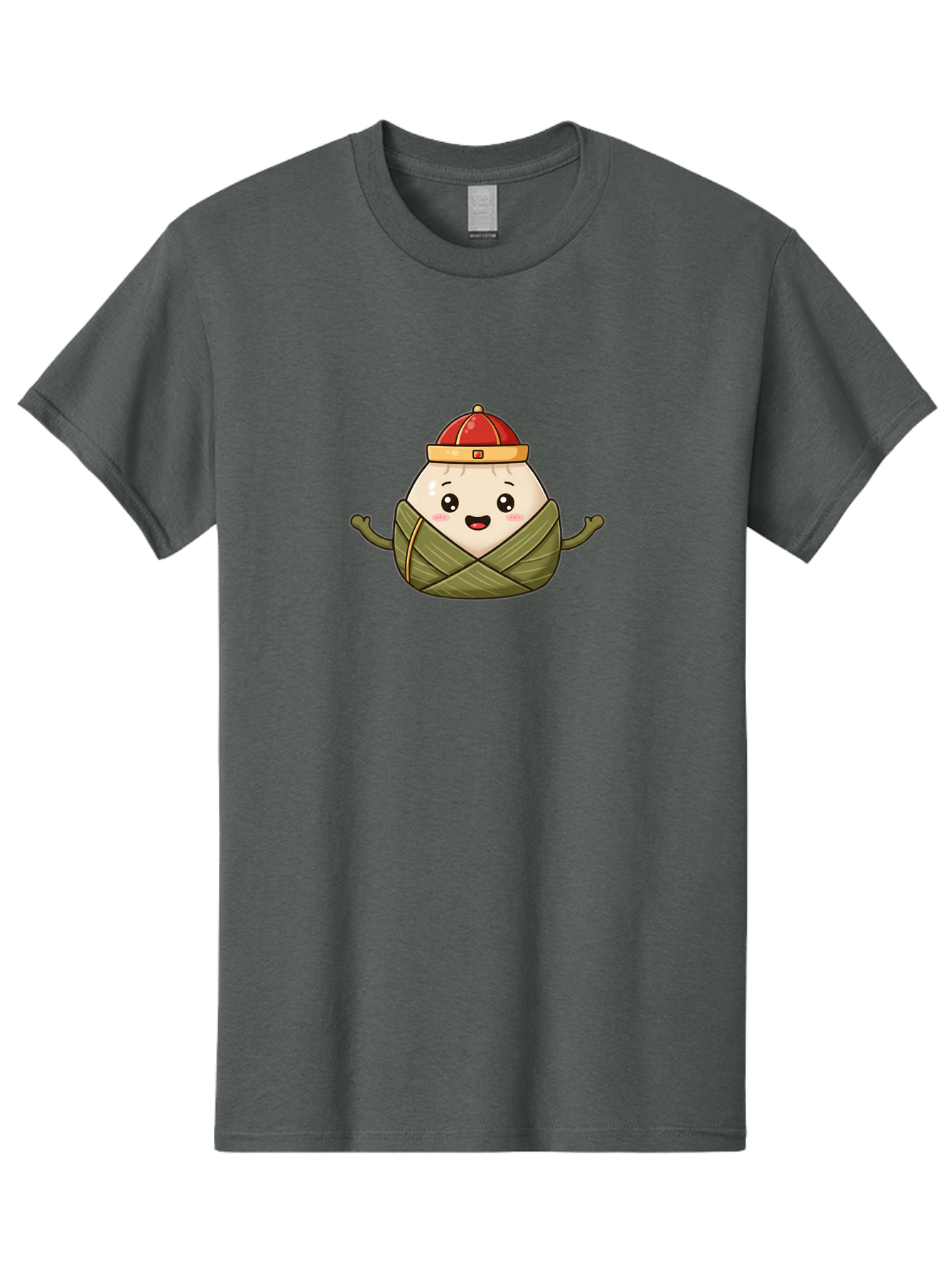 Zongzi-Cartoon-Character Men'S Graphic Tee, 100% Cotton, Comfortable Casual Summer Wear, Machine Washable, Cartoon Zongzi, Chinese Rice Dumpling, Traditional Food, Dragon Boat Festival, Happy Face, Red Hat, Green Wrapping, Cute Character, Bab606