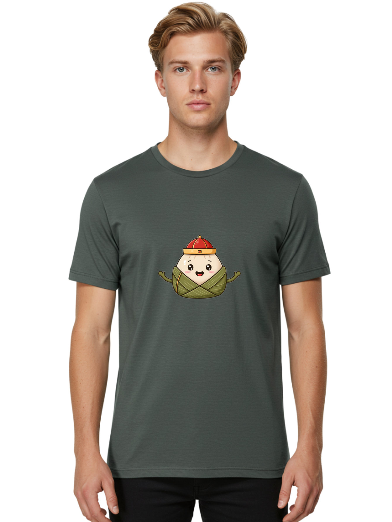 Zongzi-Cartoon-Character Men'S Graphic Tee, 100% Cotton, Comfortable Casual Summer Wear, Machine Washable, Cartoon Zongzi, Chinese Rice Dumpling, Traditional Food, Dragon Boat Festival, Happy Face, Red Hat, Green Wrapping, Cute Character, Bab606