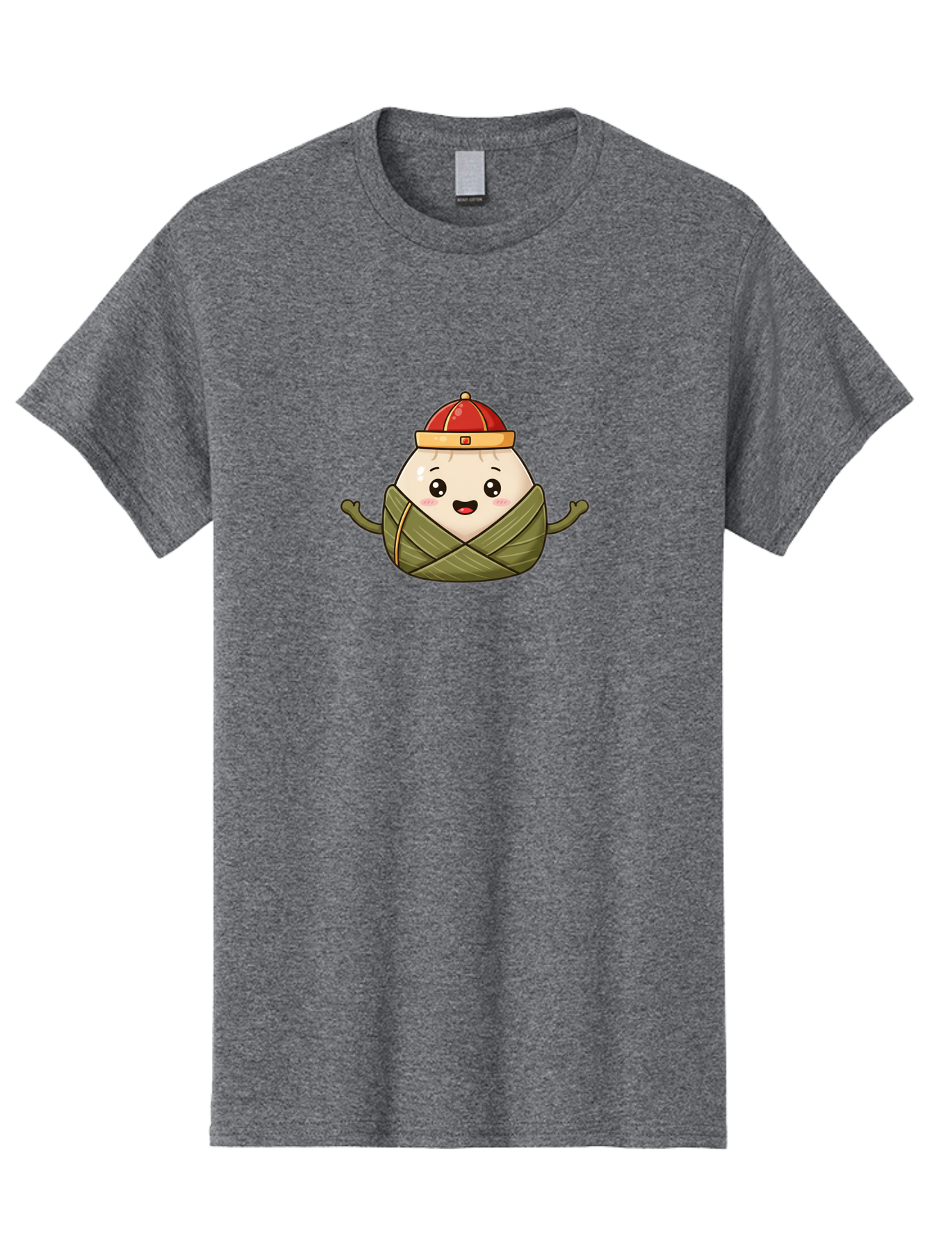 Zongzi-Cartoon-Character Men'S Graphic Tee, 100% Cotton, Comfortable Casual Summer Wear, Machine Washable, Cartoon Zongzi, Chinese Rice Dumpling, Traditional Food, Dragon Boat Festival, Happy Face, Red Hat, Green Wrapping, Cute Character, Bab606