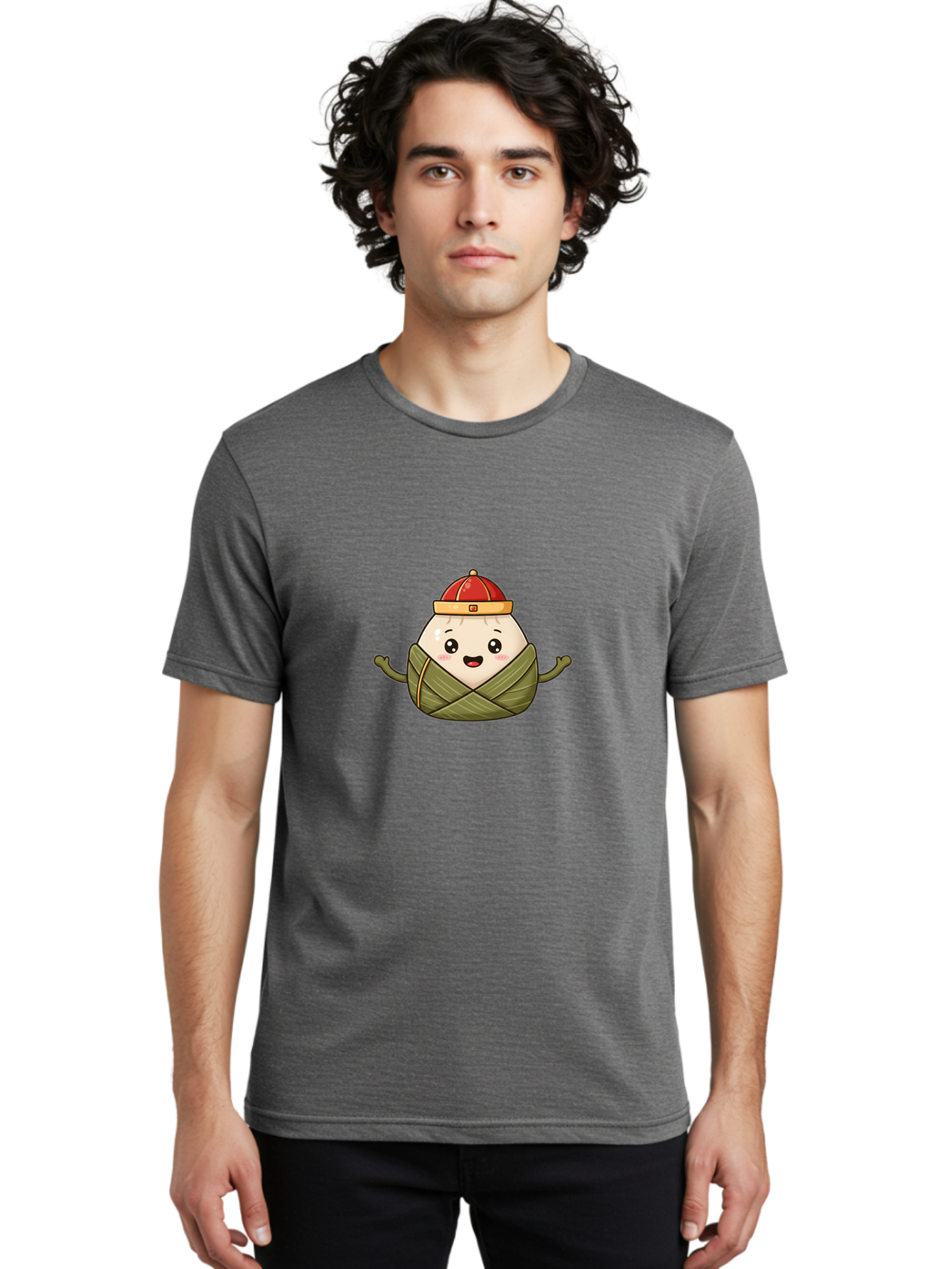 Zongzi-Cartoon-Character Men'S Graphic Tee, 100% Cotton, Comfortable Casual Summer Wear, Machine Washable, Cartoon Zongzi, Chinese Rice Dumpling, Traditional Food, Dragon Boat Festival, Happy Face, Red Hat, Green Wrapping, Cute Character, Bab606