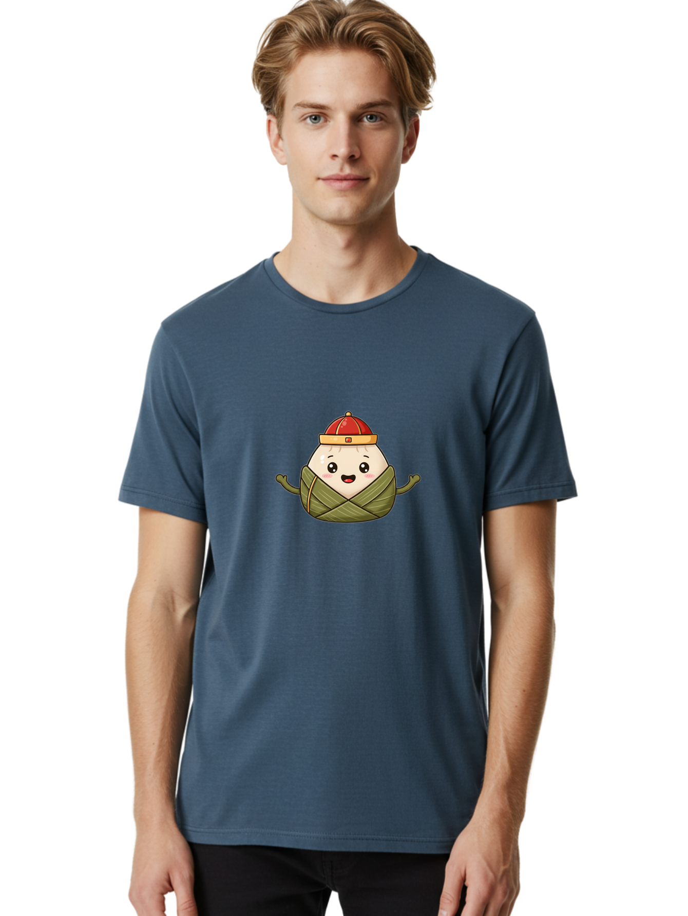 Zongzi-Cartoon-Character Men'S Graphic Tee, 100% Cotton, Comfortable Casual Summer Wear, Machine Washable, Cartoon Zongzi, Chinese Rice Dumpling, Traditional Food, Dragon Boat Festival, Happy Face, Red Hat, Green Wrapping, Cute Character, Bab606