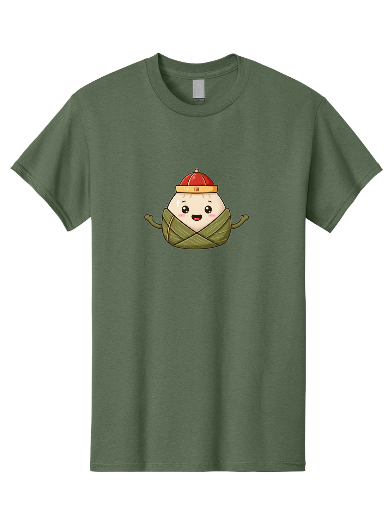 Zongzi-Cartoon-Character Men'S Graphic Tee, 100% Cotton, Comfortable Casual Summer Wear, Machine Washable, Cartoon Zongzi, Chinese Rice Dumpling, Traditional Food, Dragon Boat Festival, Happy Face, Red Hat, Green Wrapping, Cute Character, Bab606
