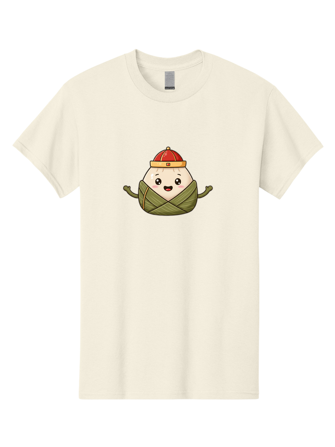 Zongzi-Cartoon-Character Men'S Graphic Tee, 100% Cotton, Comfortable Casual Summer Wear, Machine Washable, Cartoon Zongzi, Chinese Rice Dumpling, Traditional Food, Dragon Boat Festival, Happy Face, Red Hat, Green Wrapping, Cute Character, Bab606