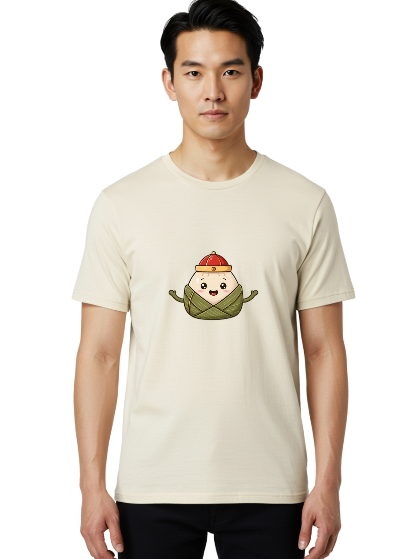 Zongzi-Cartoon-Character Men'S Graphic Tee, 100% Cotton, Comfortable Casual Summer Wear, Machine Washable, Cartoon Zongzi, Chinese Rice Dumpling, Traditional Food, Dragon Boat Festival, Happy Face, Red Hat, Green Wrapping, Cute Character, Bab606