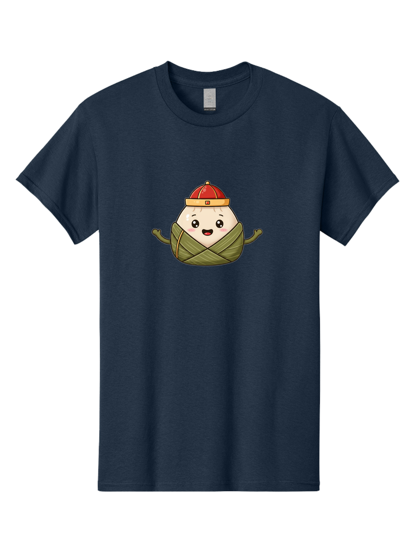 Zongzi-Cartoon-Character Men'S Graphic Tee, 100% Cotton, Comfortable Casual Summer Wear, Machine Washable, Cartoon Zongzi, Chinese Rice Dumpling, Traditional Food, Dragon Boat Festival, Happy Face, Red Hat, Green Wrapping, Cute Character, Bab606