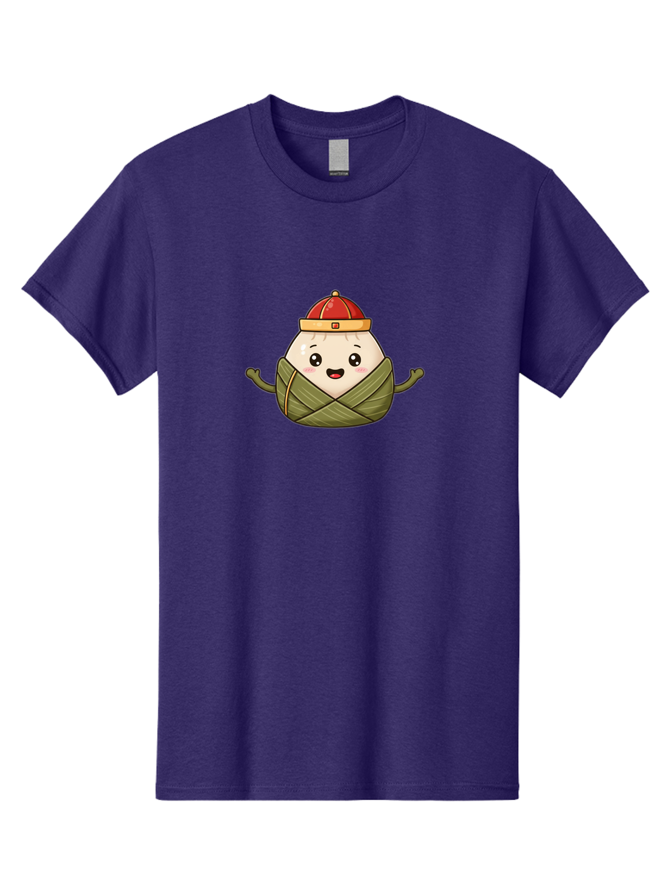 Zongzi-Cartoon-Character Men'S Graphic Tee, 100% Cotton, Comfortable Casual Summer Wear, Machine Washable, Cartoon Zongzi, Chinese Rice Dumpling, Traditional Food, Dragon Boat Festival, Happy Face, Red Hat, Green Wrapping, Cute Character, Bab606