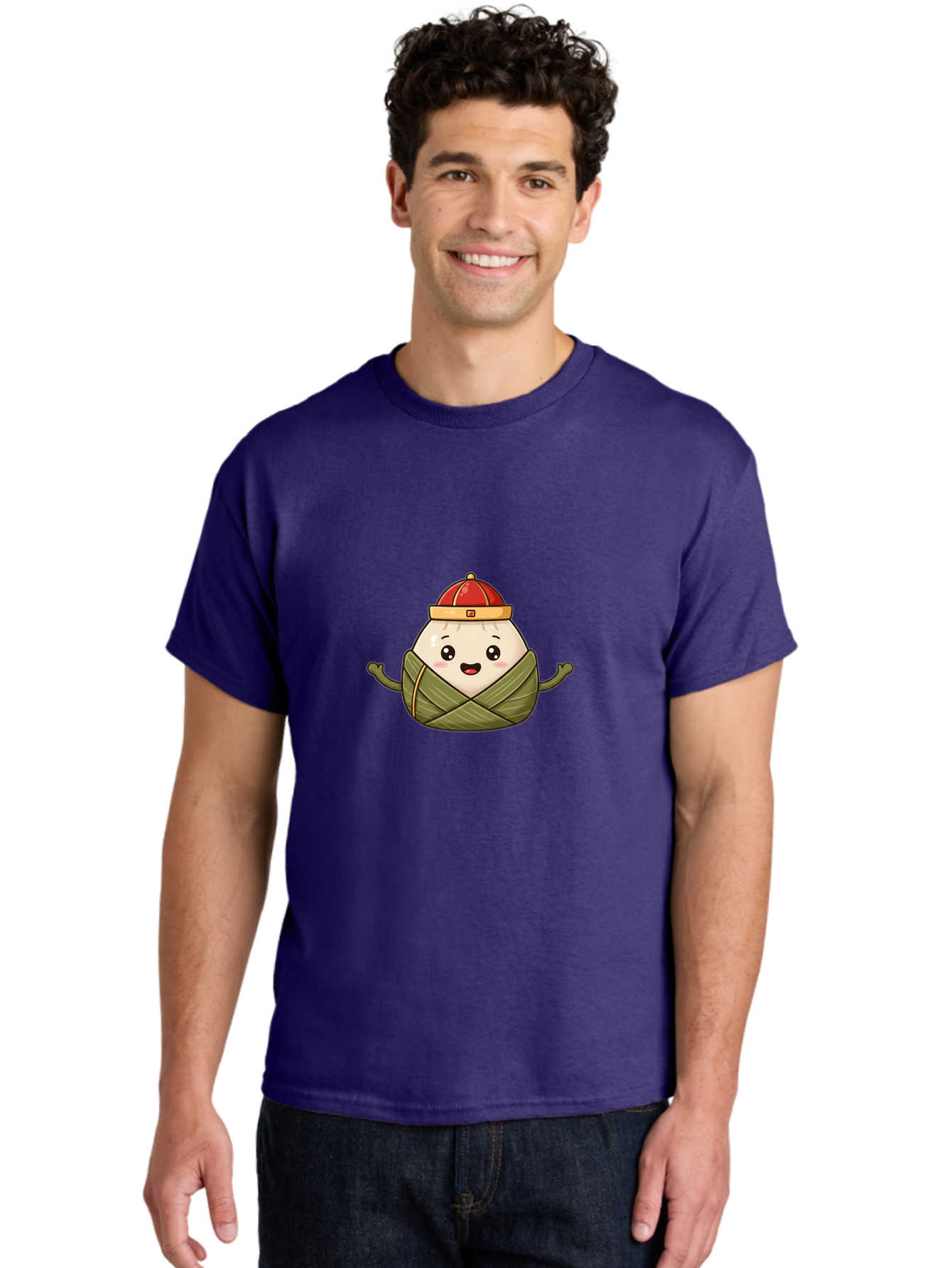 Zongzi-Cartoon-Character Men'S Graphic Tee, 100% Cotton, Comfortable Casual Summer Wear, Machine Washable, Cartoon Zongzi, Chinese Rice Dumpling, Traditional Food, Dragon Boat Festival, Happy Face, Red Hat, Green Wrapping, Cute Character, Bab606