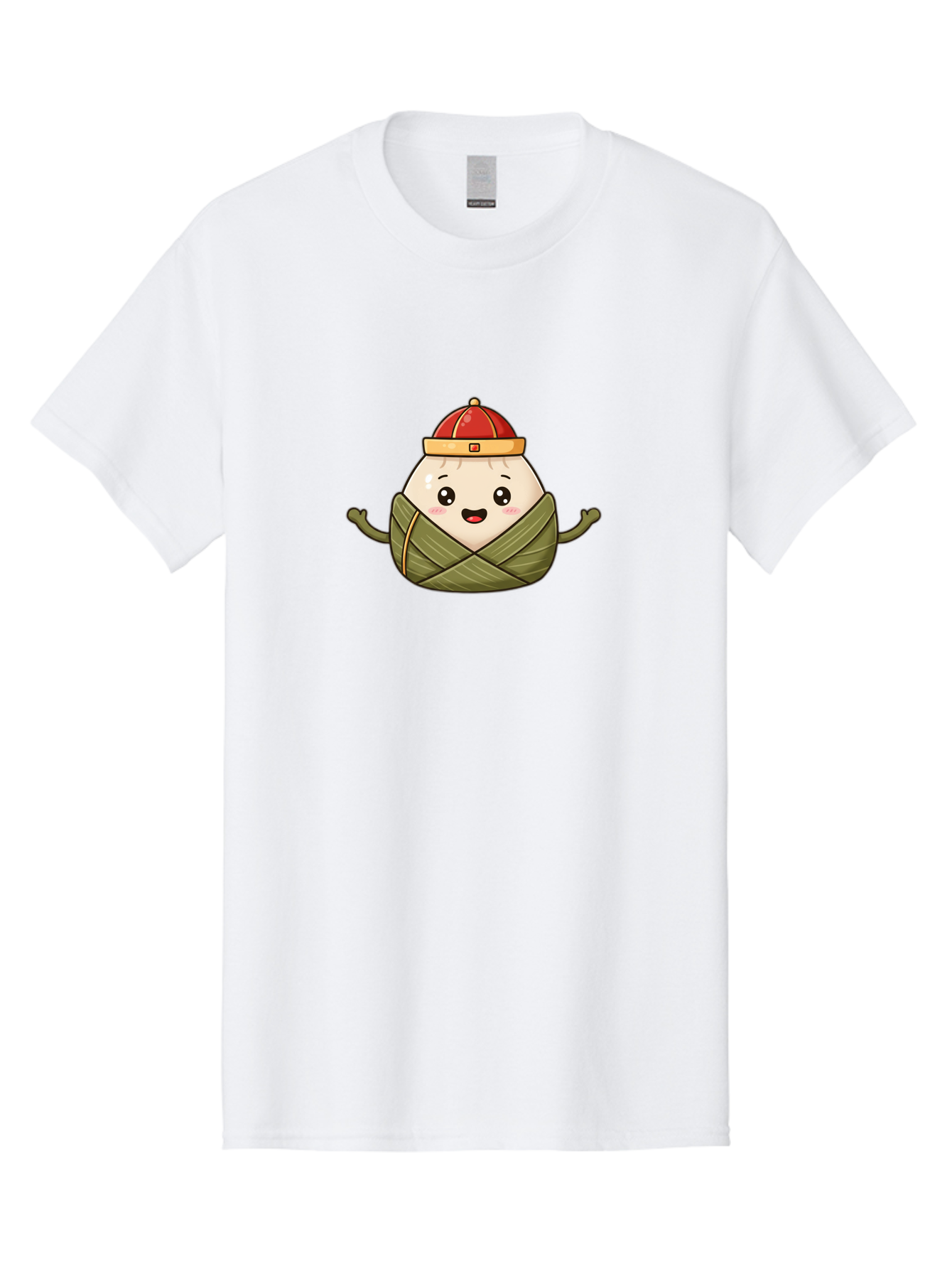 Zongzi-Cartoon-Character Men'S Graphic Tee, 100% Cotton, Comfortable Casual Summer Wear, Machine Washable, Cartoon Zongzi, Chinese Rice Dumpling, Traditional Food, Dragon Boat Festival, Happy Face, Red Hat, Green Wrapping, Cute Character, Bab606