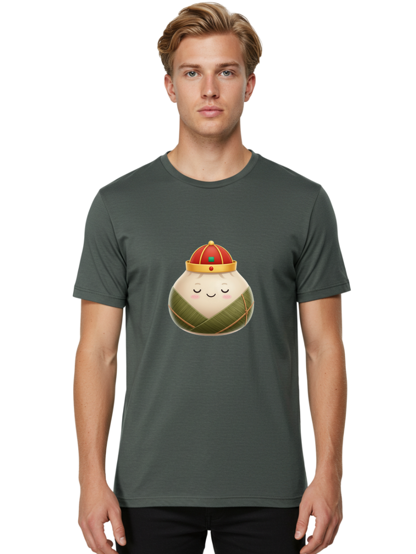 Zongzi-Dumpling-1 Men'S Graphic Tee, 100% Cotton, Comfortable Casual Summer Wear, Machine Washable, Traditional Chinese Food, Rice Dumpling, Wrapped In Bamboo Leaves, Festive Food, Cartoon Character, Smiling Face, Sleeping Expression, Bab607