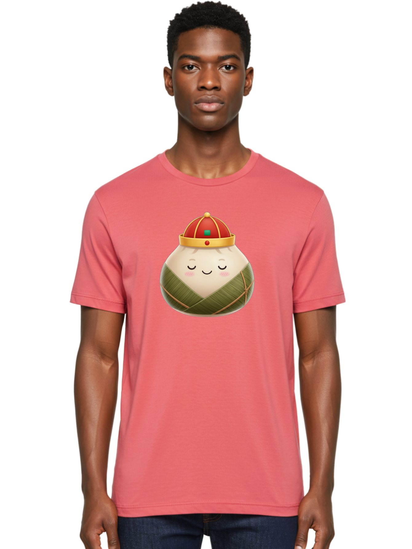 Zongzi-Dumpling-1 Men'S Graphic Tee, 100% Cotton, Comfortable Casual Summer Wear, Machine Washable, Traditional Chinese Food, Rice Dumpling, Wrapped In Bamboo Leaves, Festive Food, Cartoon Character, Smiling Face, Sleeping Expression, Bab607