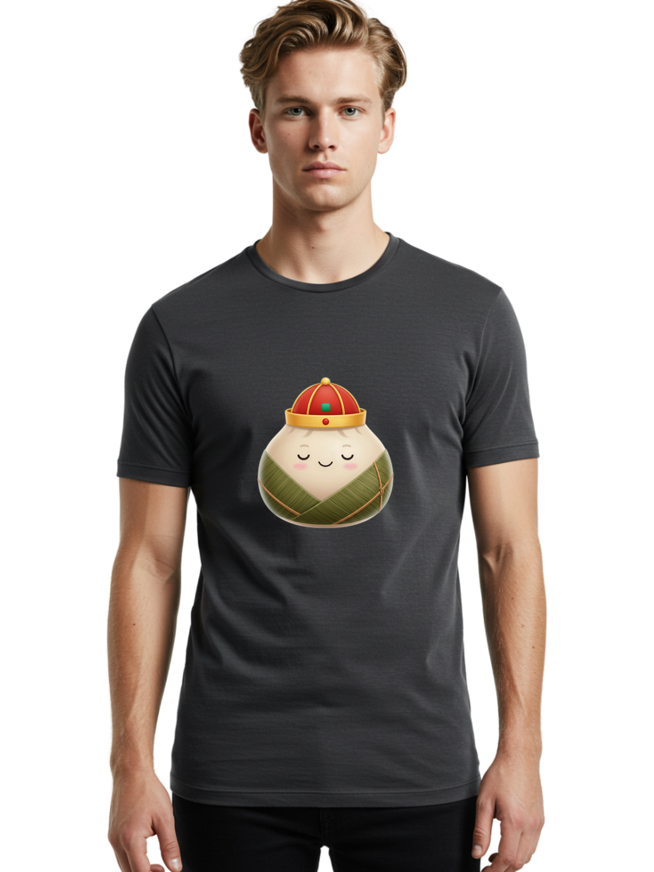 Zongzi-Dumpling-1 Men'S Graphic Tee, 100% Cotton, Comfortable Casual Summer Wear, Machine Washable, Traditional Chinese Food, Rice Dumpling, Wrapped In Bamboo Leaves, Festive Food, Cartoon Character, Smiling Face, Sleeping Expression, Bab607