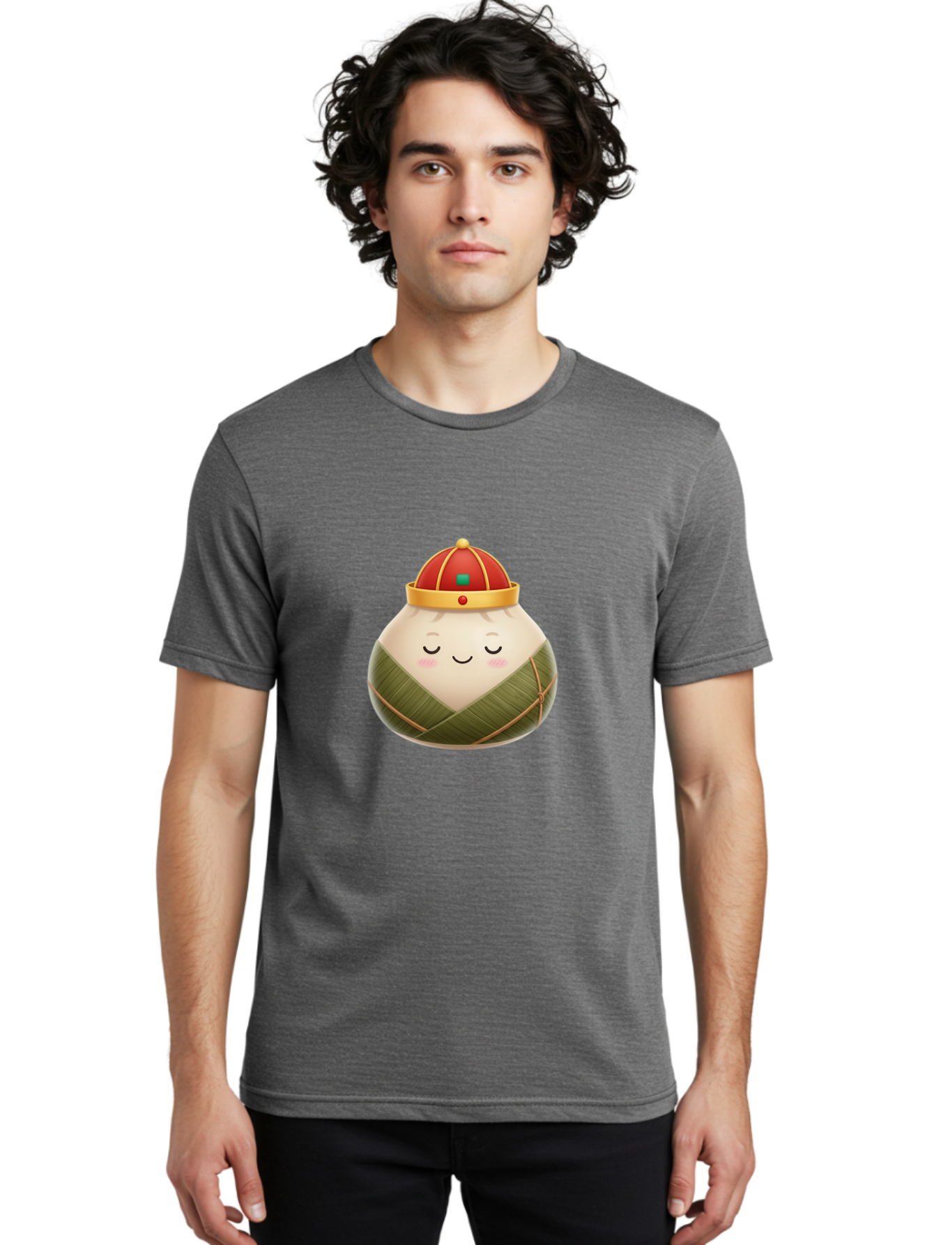 Zongzi-Dumpling-1 Men'S Graphic Tee, 100% Cotton, Comfortable Casual Summer Wear, Machine Washable, Traditional Chinese Food, Rice Dumpling, Wrapped In Bamboo Leaves, Festive Food, Cartoon Character, Smiling Face, Sleeping Expression, Bab607
