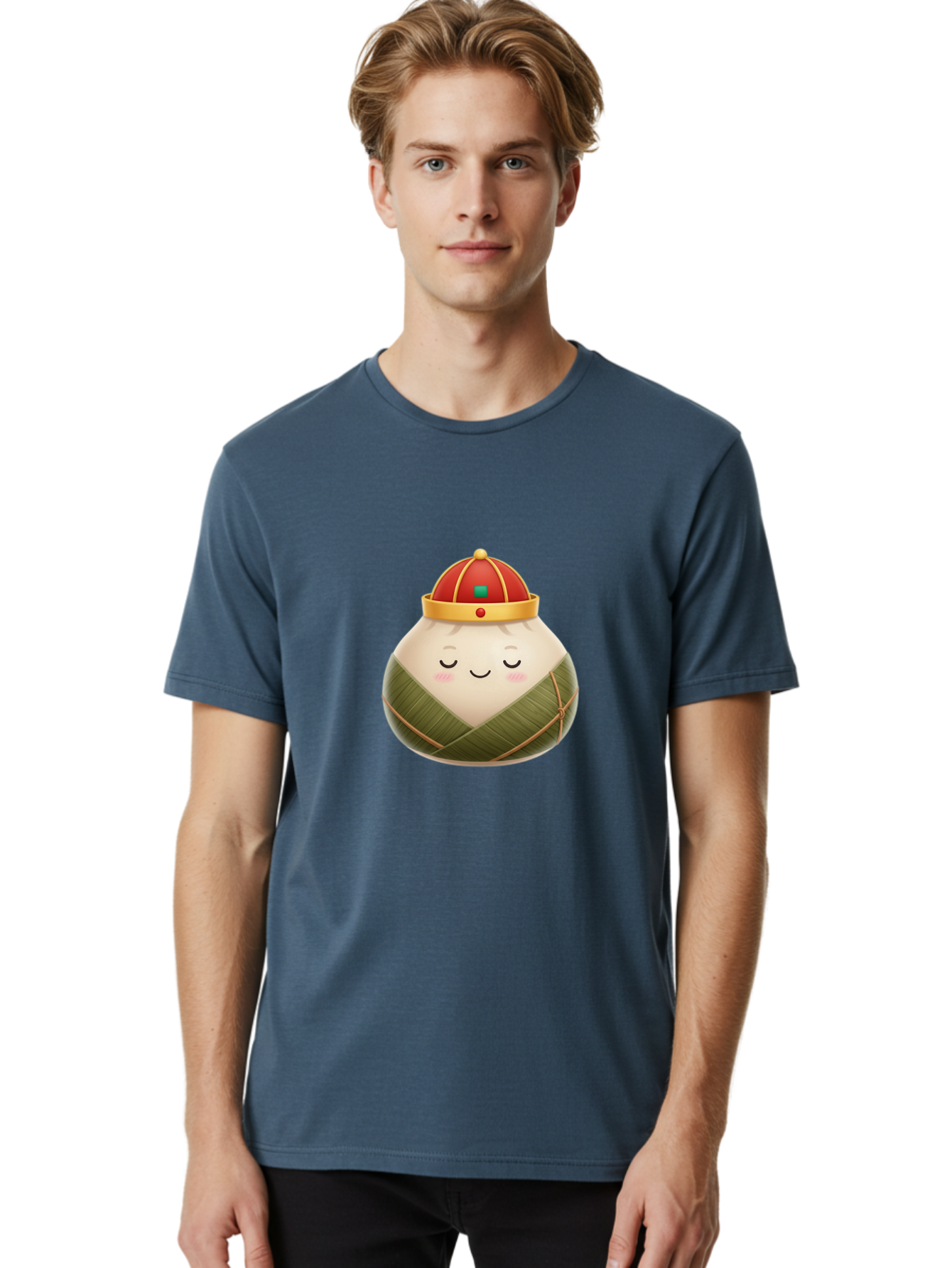 Zongzi-Dumpling-1 Men'S Graphic Tee, 100% Cotton, Comfortable Casual Summer Wear, Machine Washable, Traditional Chinese Food, Rice Dumpling, Wrapped In Bamboo Leaves, Festive Food, Cartoon Character, Smiling Face, Sleeping Expression, Bab607