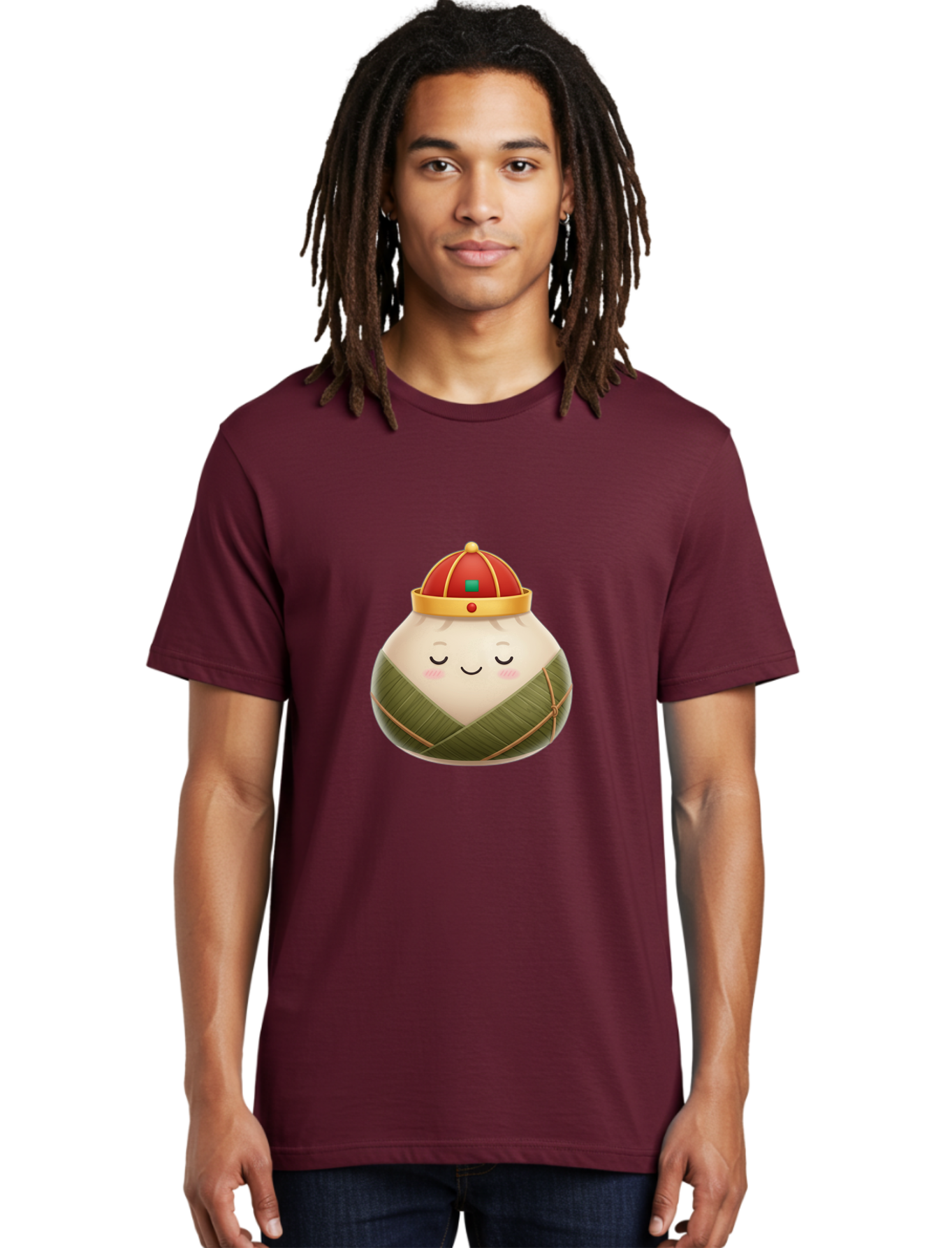 Zongzi-Dumpling-1 Men'S Graphic Tee, 100% Cotton, Comfortable Casual Summer Wear, Machine Washable, Traditional Chinese Food, Rice Dumpling, Wrapped In Bamboo Leaves, Festive Food, Cartoon Character, Smiling Face, Sleeping Expression, Bab607