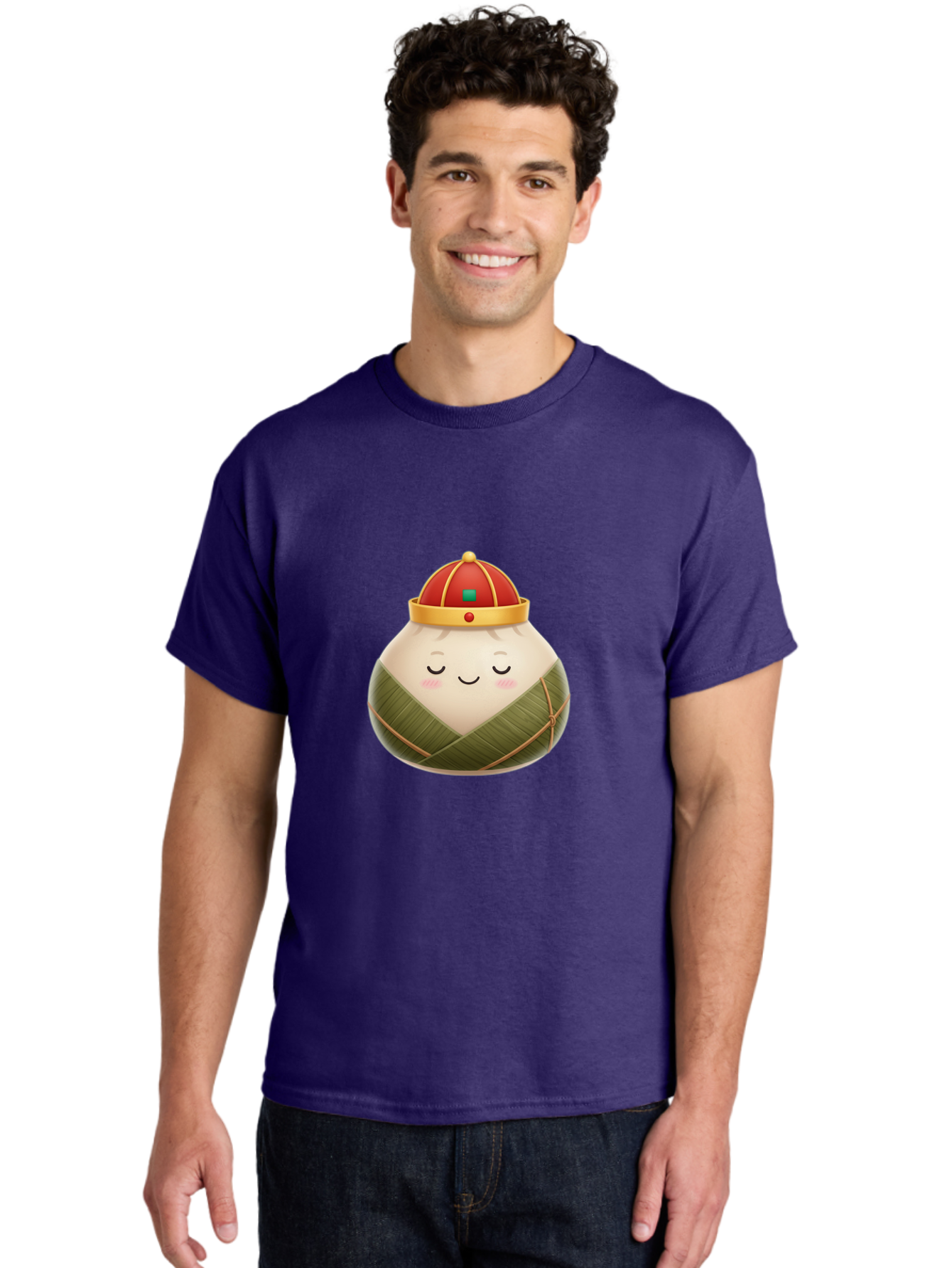 Zongzi-Dumpling-1 Men'S Graphic Tee, 100% Cotton, Comfortable Casual Summer Wear, Machine Washable, Traditional Chinese Food, Rice Dumpling, Wrapped In Bamboo Leaves, Festive Food, Cartoon Character, Smiling Face, Sleeping Expression, Bab607