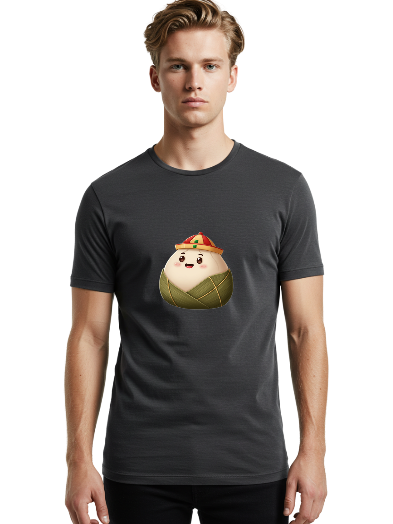 Zongzi-Dumpling Men'S Graphic Tee, 100% Cotton, Comfortable Casual Summer Wear, Machine Washable, Cartoon Dumpling, Kawaii Food, Chinese Cuisine, Zongzi, Traditional Dish, Festive Food, Glutinous Rice Dumpling, Asian Culture, Happy Face, Bab608