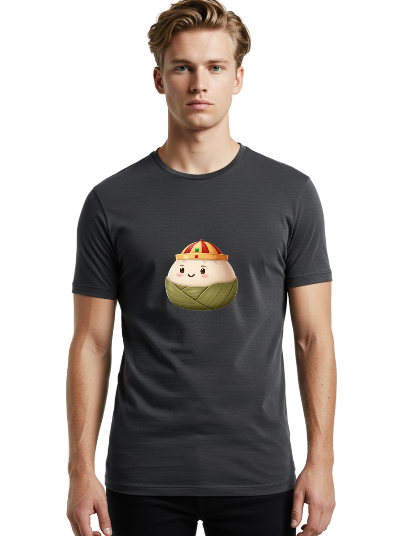 Zongzi Men'S Graphic Tee, 100% Cotton, Comfortable Casual Summer Wear, Machine Washable, Cartoon Dumpling, Chinese Cuisine, Wrapped In Leaves, Smiling Face, Festive Hat, Traditional Food, Cultural Heritage, Asian Delicacy, Cute Character Bab609