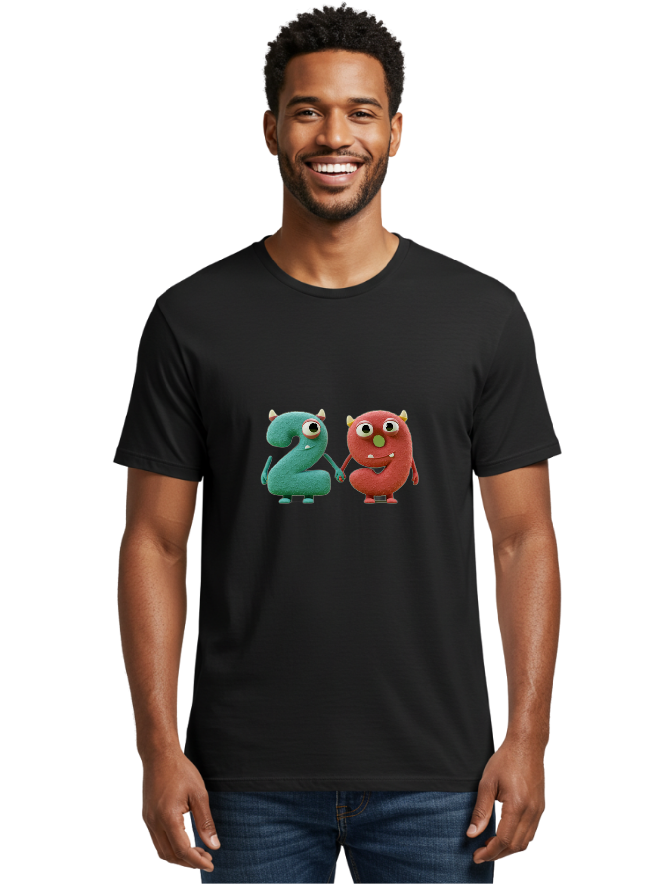 2-Monsters Men'S Graphic Tee, 100% Cotton, Comfortable Casual Summer Wear, Machine Washable, Monster Numbers, Cute Creatures, Colorful Characters, Playful Design, Funny Eyes, Holding Hands, Learning Numbers, Kid'S Education, Cartoon Style, Bab610