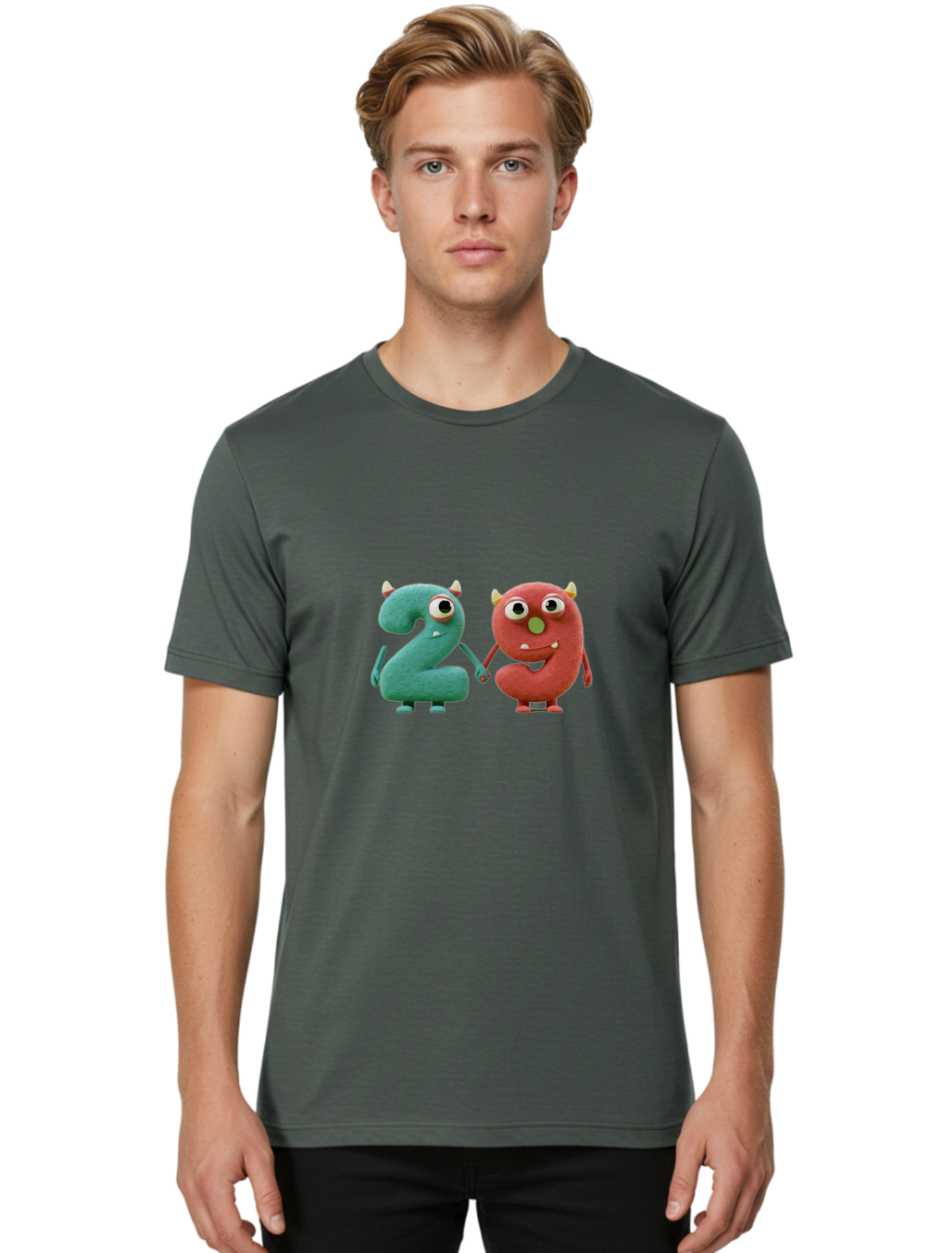 2-Monsters Men'S Graphic Tee, 100% Cotton, Comfortable Casual Summer Wear, Machine Washable, Monster Numbers, Cute Creatures, Colorful Characters, Playful Design, Funny Eyes, Holding Hands, Learning Numbers, Kid'S Education, Cartoon Style, Bab610