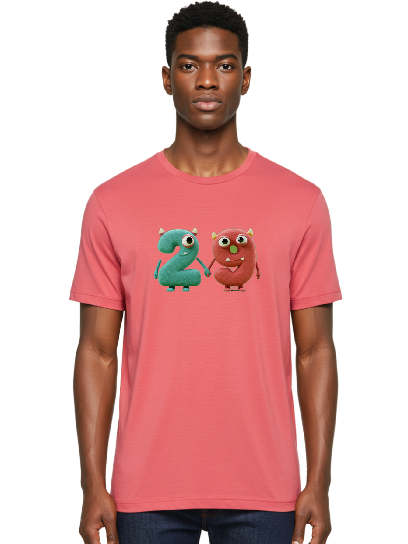 2-Monsters Men'S Graphic Tee, 100% Cotton, Comfortable Casual Summer Wear, Machine Washable, Monster Numbers, Cute Creatures, Colorful Characters, Playful Design, Funny Eyes, Holding Hands, Learning Numbers, Kid'S Education, Cartoon Style, Bab610