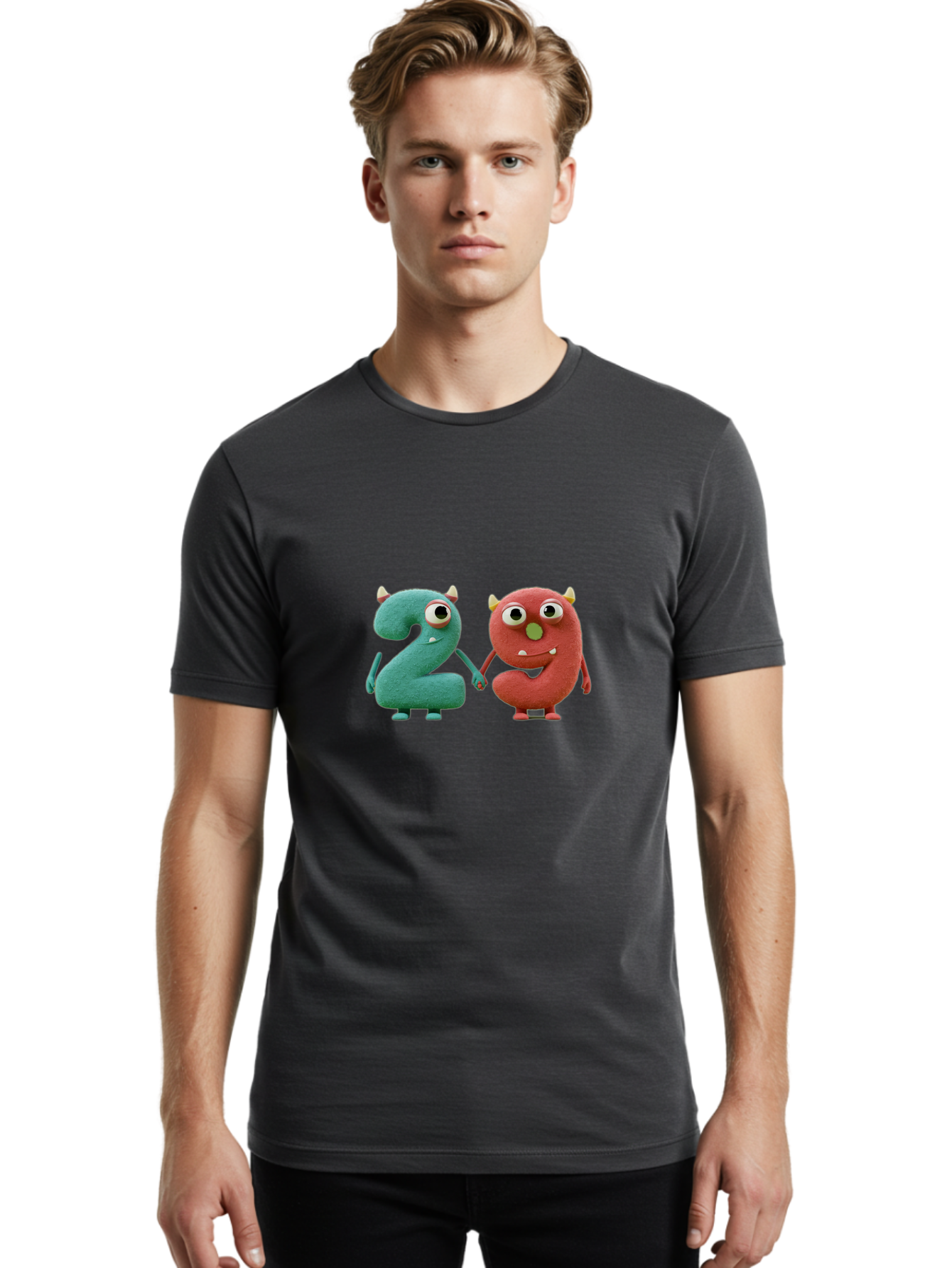 2-Monsters Men'S Graphic Tee, 100% Cotton, Comfortable Casual Summer Wear, Machine Washable, Monster Numbers, Cute Creatures, Colorful Characters, Playful Design, Funny Eyes, Holding Hands, Learning Numbers, Kid'S Education, Cartoon Style, Bab610