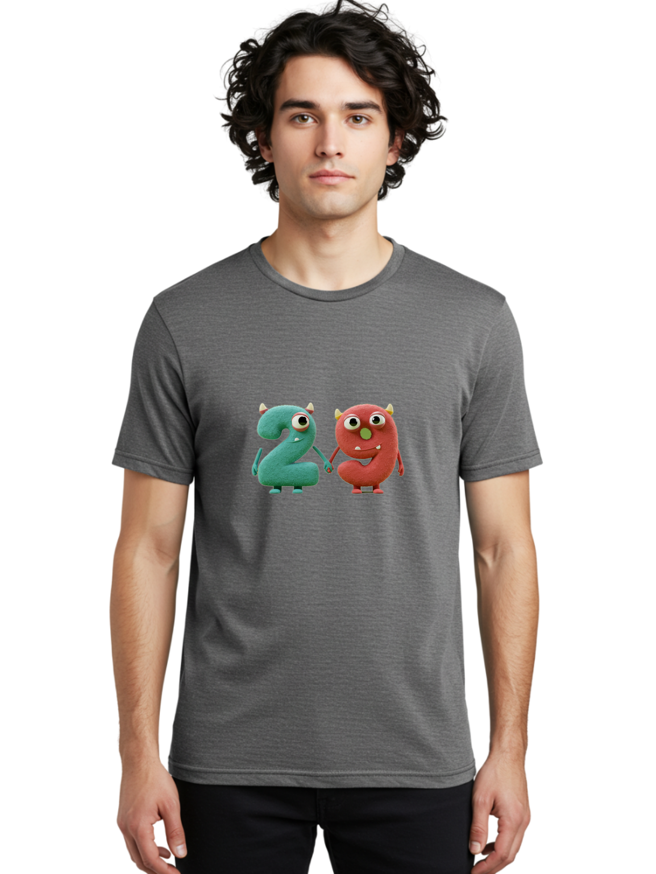 2-Monsters Men'S Graphic Tee, 100% Cotton, Comfortable Casual Summer Wear, Machine Washable, Monster Numbers, Cute Creatures, Colorful Characters, Playful Design, Funny Eyes, Holding Hands, Learning Numbers, Kid'S Education, Cartoon Style, Bab610